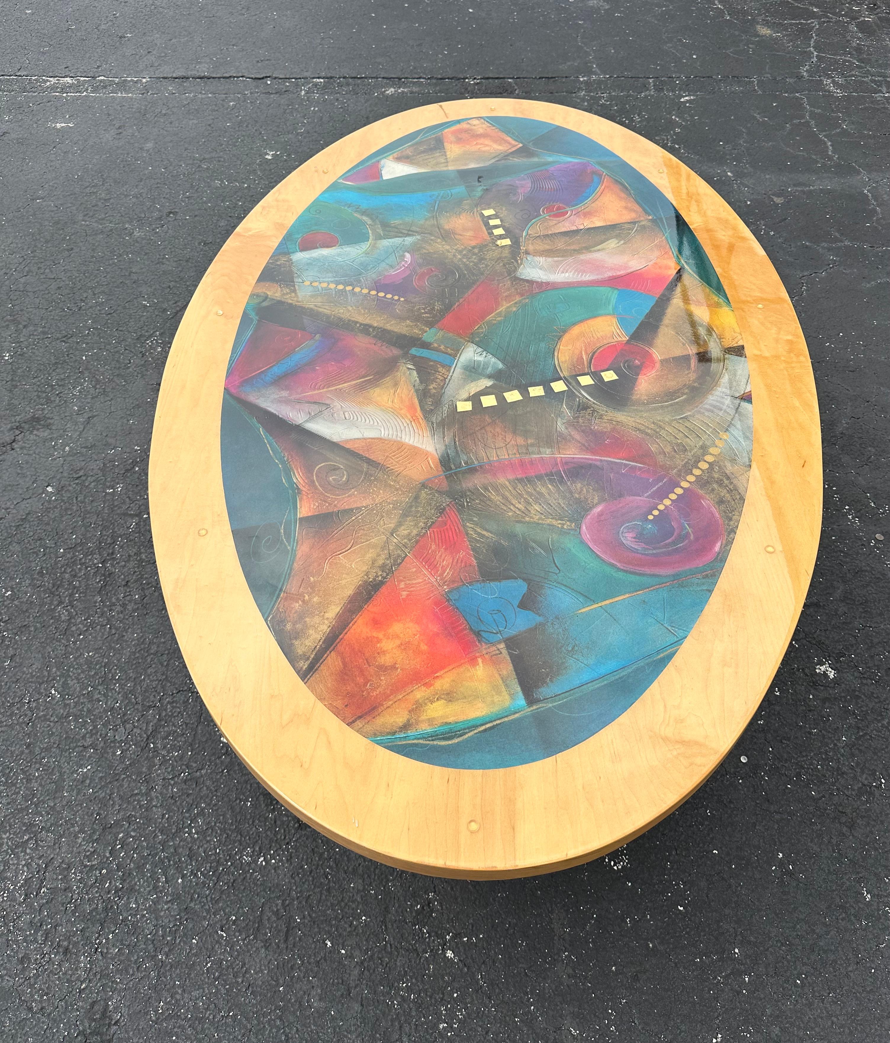 1990s Post Modern Colorful Abstract Oval Wood Dining Table For Sale 3