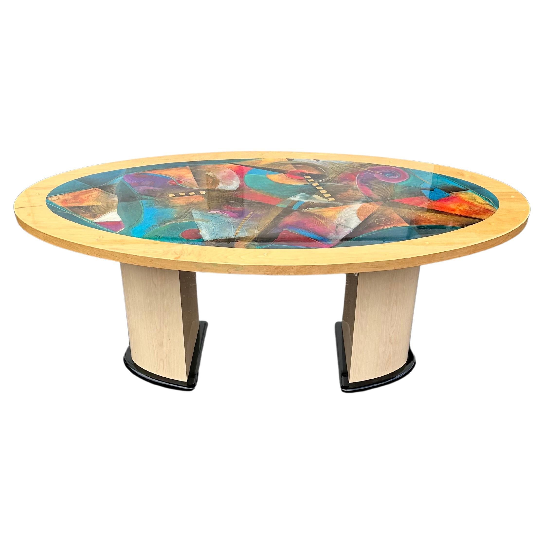 1990s Post Modern Colorful Abstract Oval Wood Dining Table