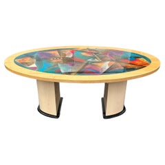 1990s Post Modern Colorful Abstract Oval Wood Dining Table