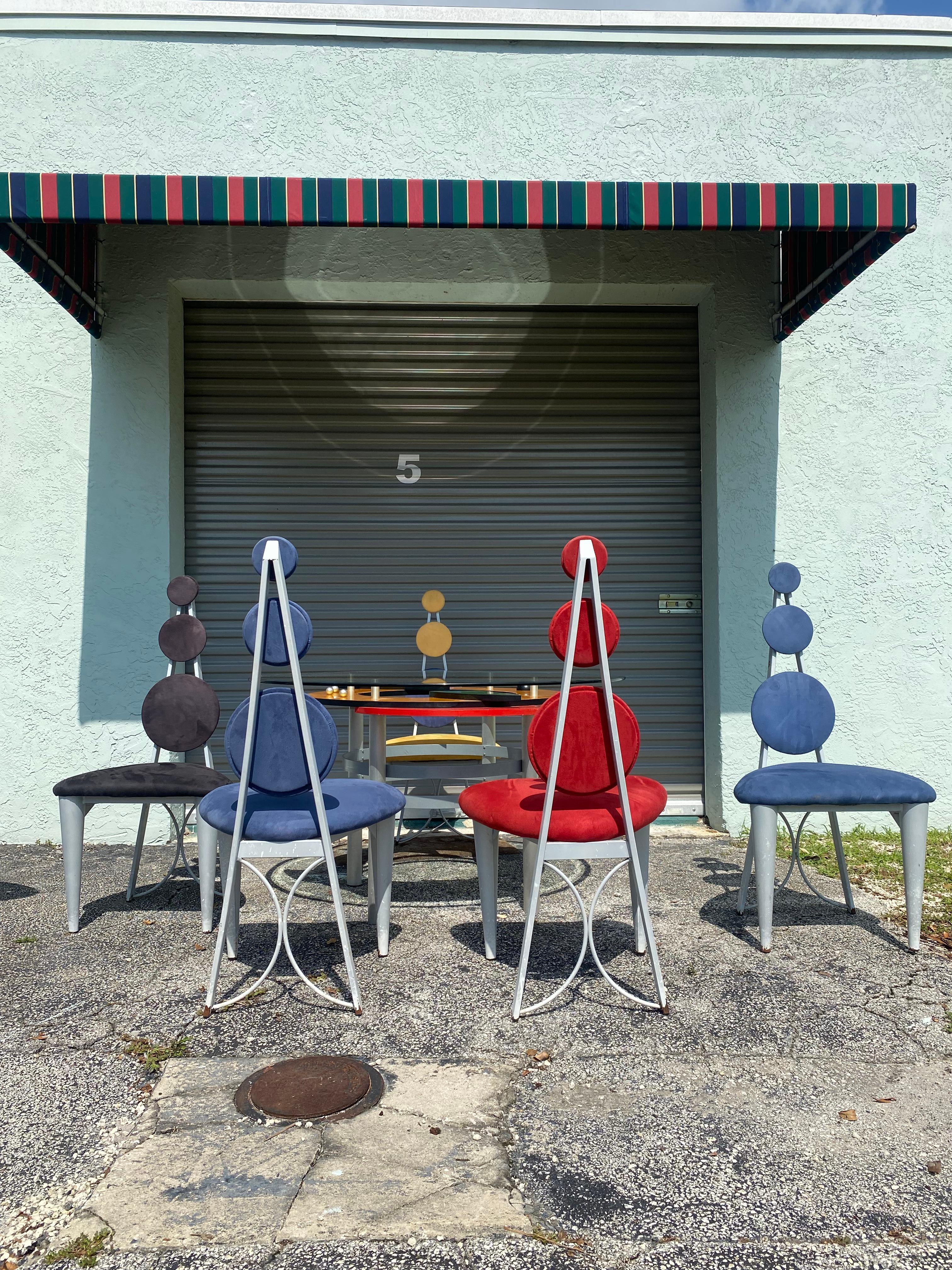 American 1990s Colorful Memphis Style Abstract Dining Set and Swivel Stools, Set of 8 For Sale