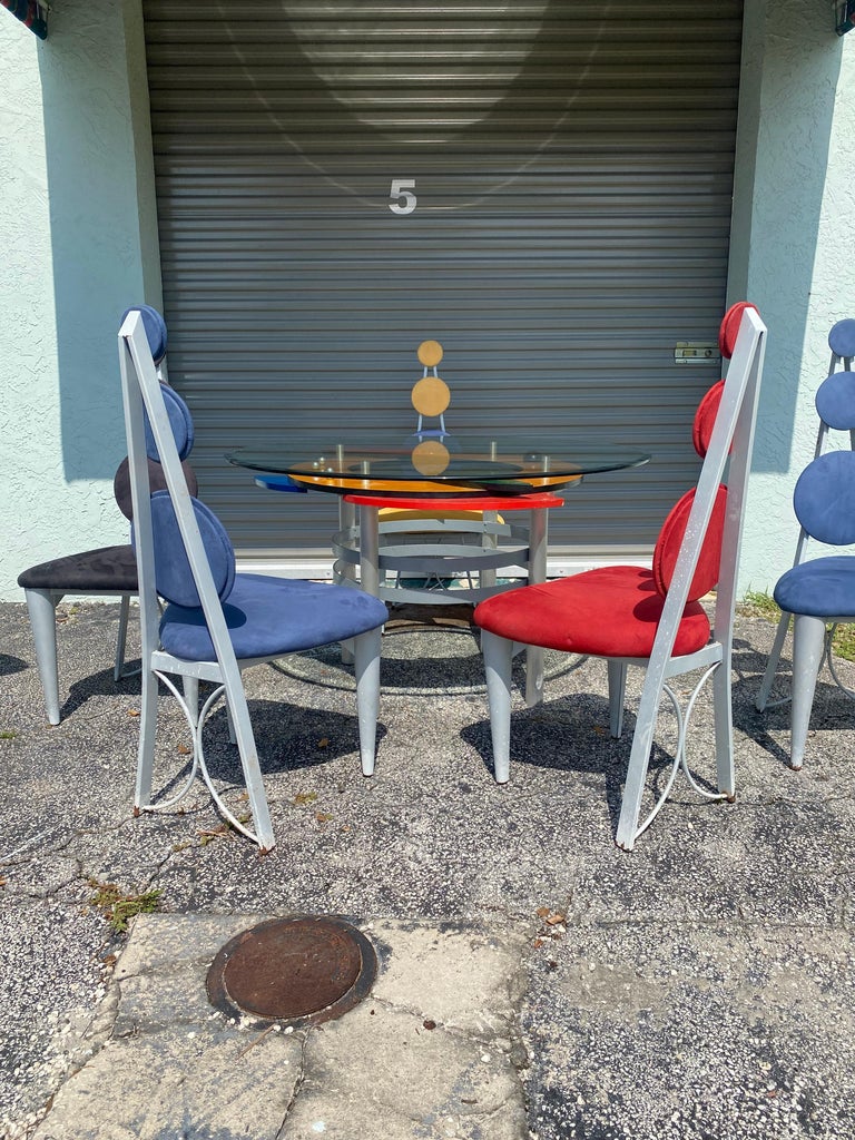1990s Colorful Memphis Style Abstract Dining Set and Swivel Stools