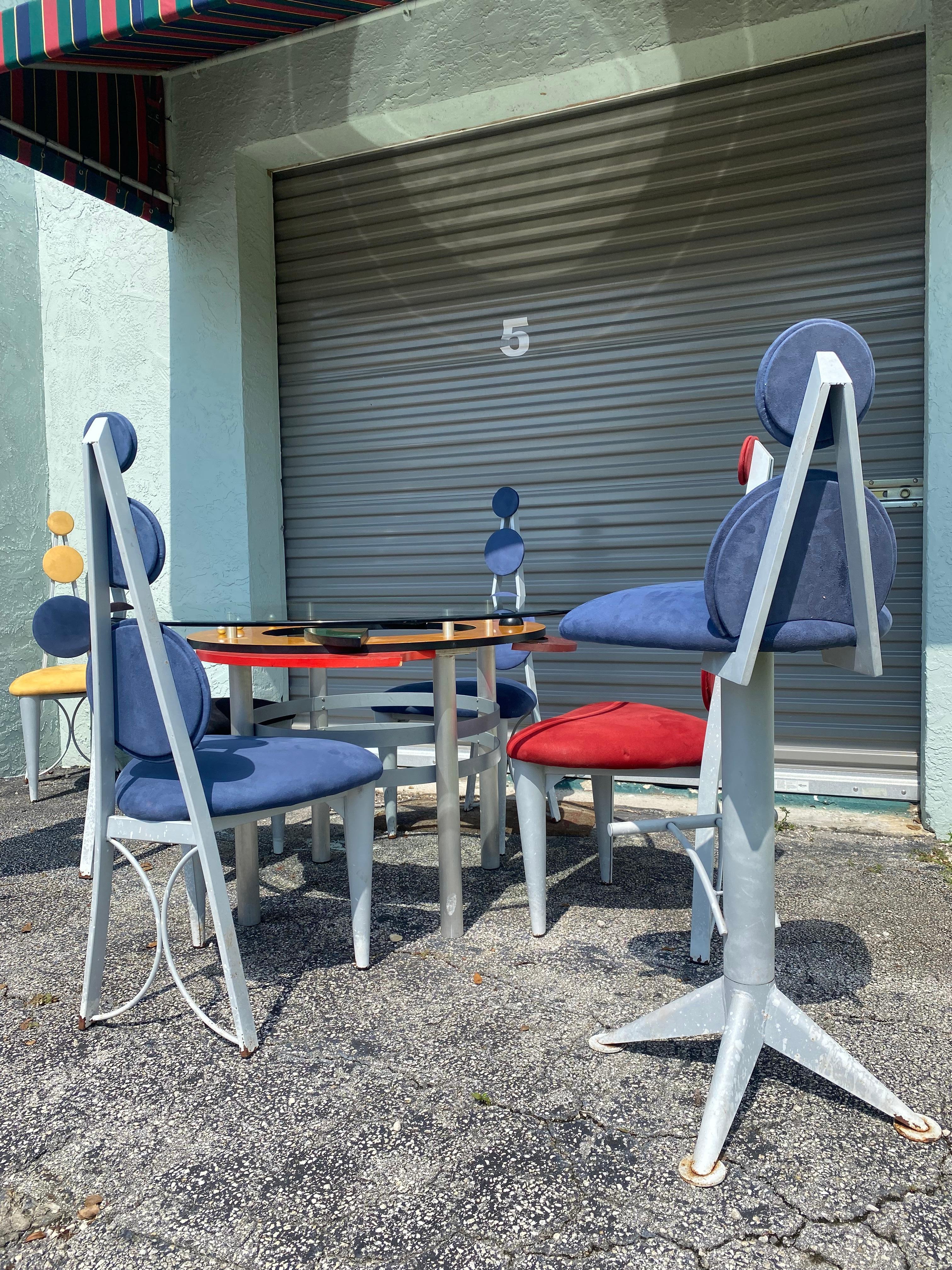 1990s Colorful Memphis Style Abstract Dining Set and Swivel Stools, Set of 8 For Sale 1