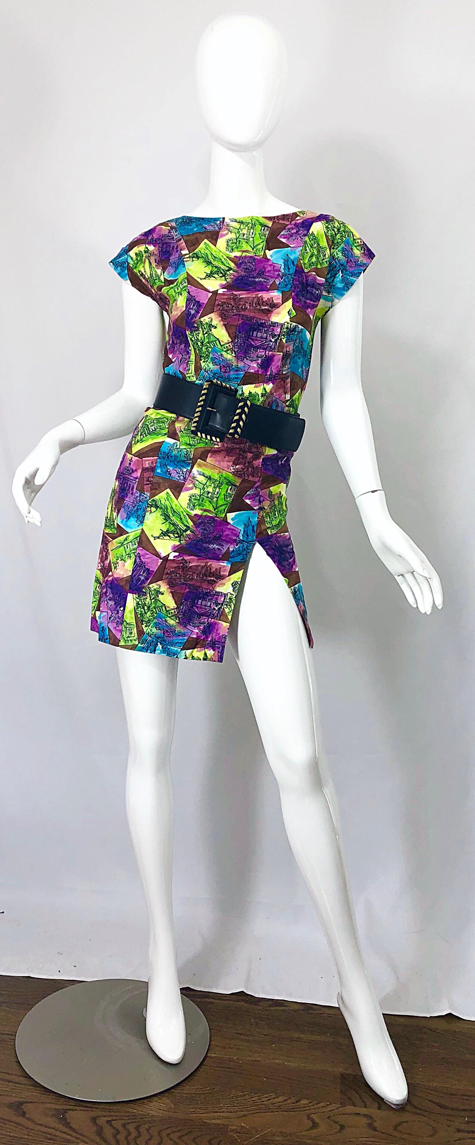 1990s Colorful Postcards Souvenir Novelty Print Vintage 90s Mini Dress For Sale 5