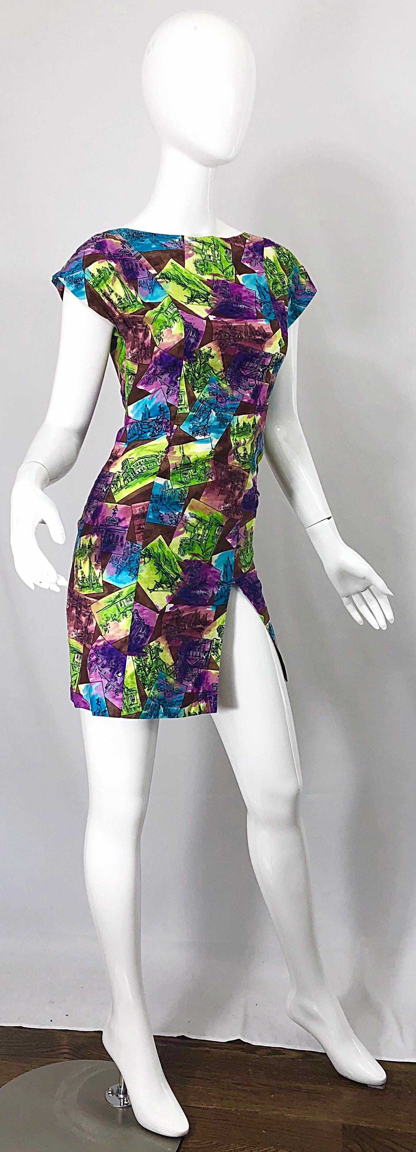 1990s Colorful Postcards Souvenir Novelty Print Vintage 90s Mini Dress For Sale 3