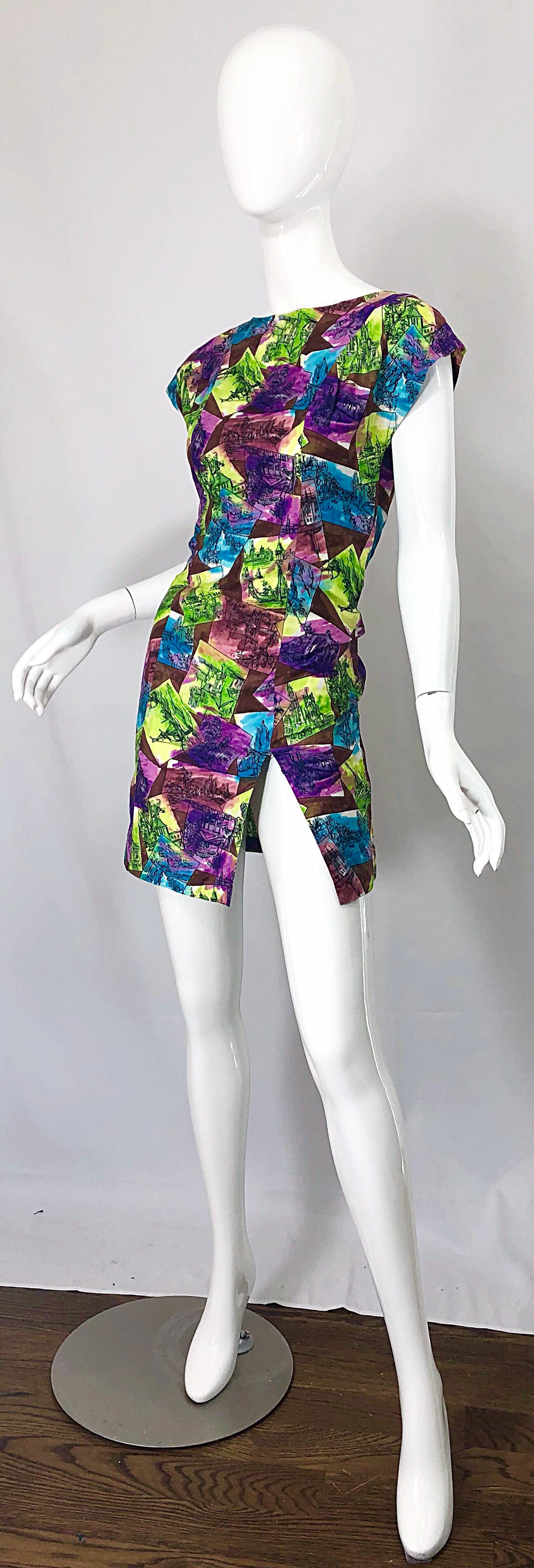 1990s Colorful Postcards Souvenir Novelty Print Vintage 90s Mini Dress For Sale 4