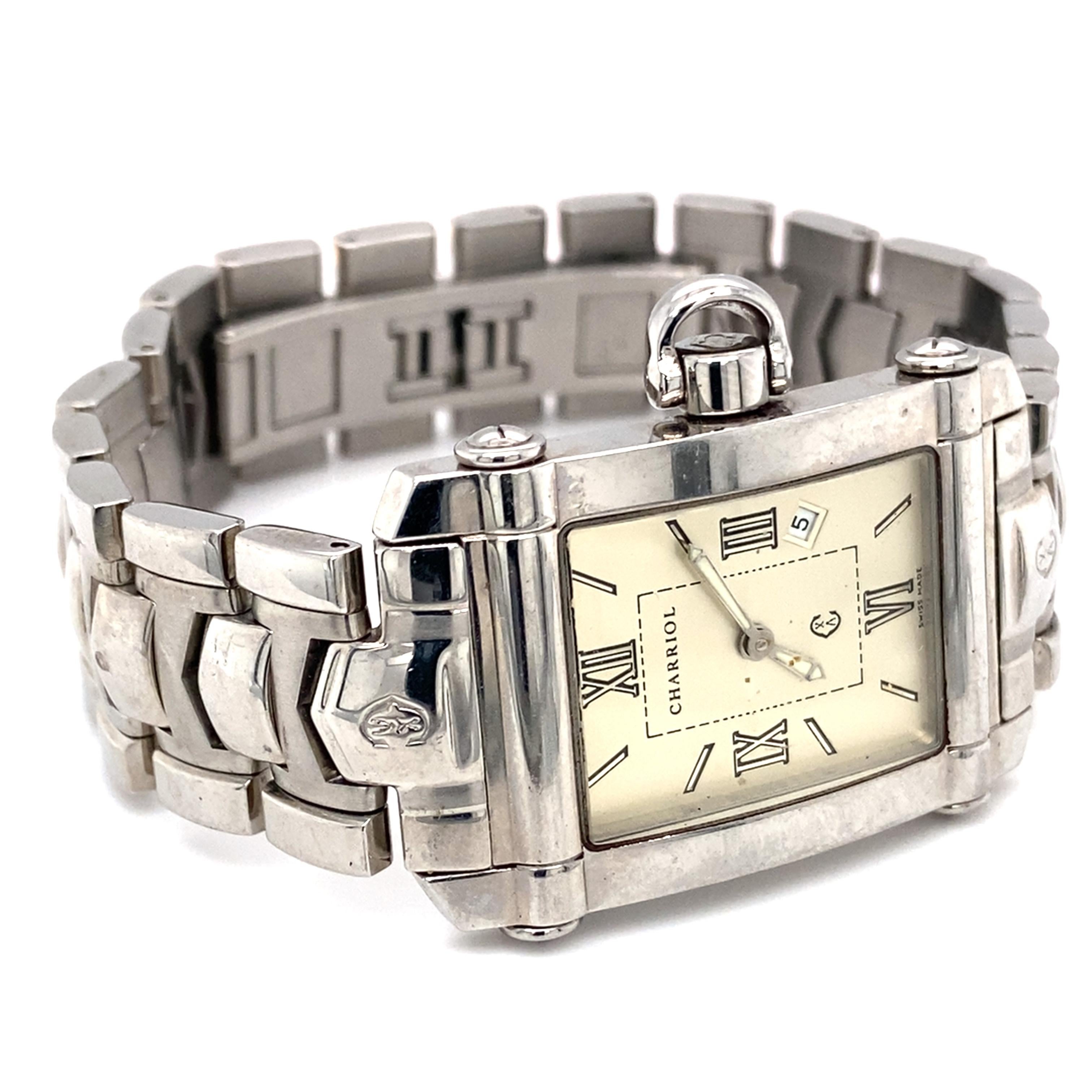 Item Details: 
Designer: Charriol
Model: Colvmbvs
Metal: Stainless Steal 
Weight: 99.1 grams 
Measurements: Fits an 8 inch wrist 
Case Size: 25mm x 30mm 

Item Features: This stunning modern watch has a cream color dial with a date wheel that