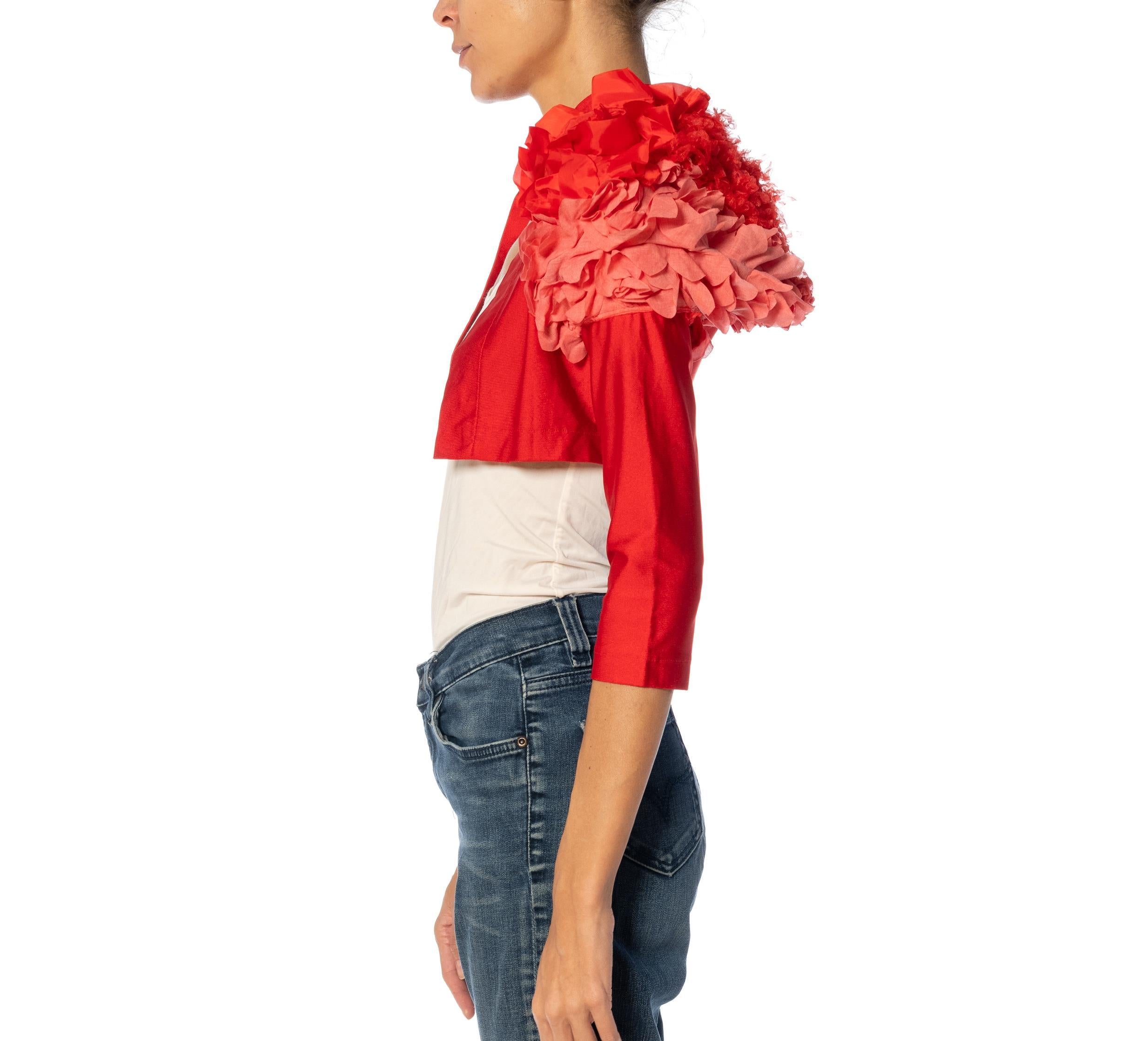 1990S COMME DES GARCONS Red Over-Dyed Poly/Lycra Cropped Jacket With Deconstructed Ruffles 1999