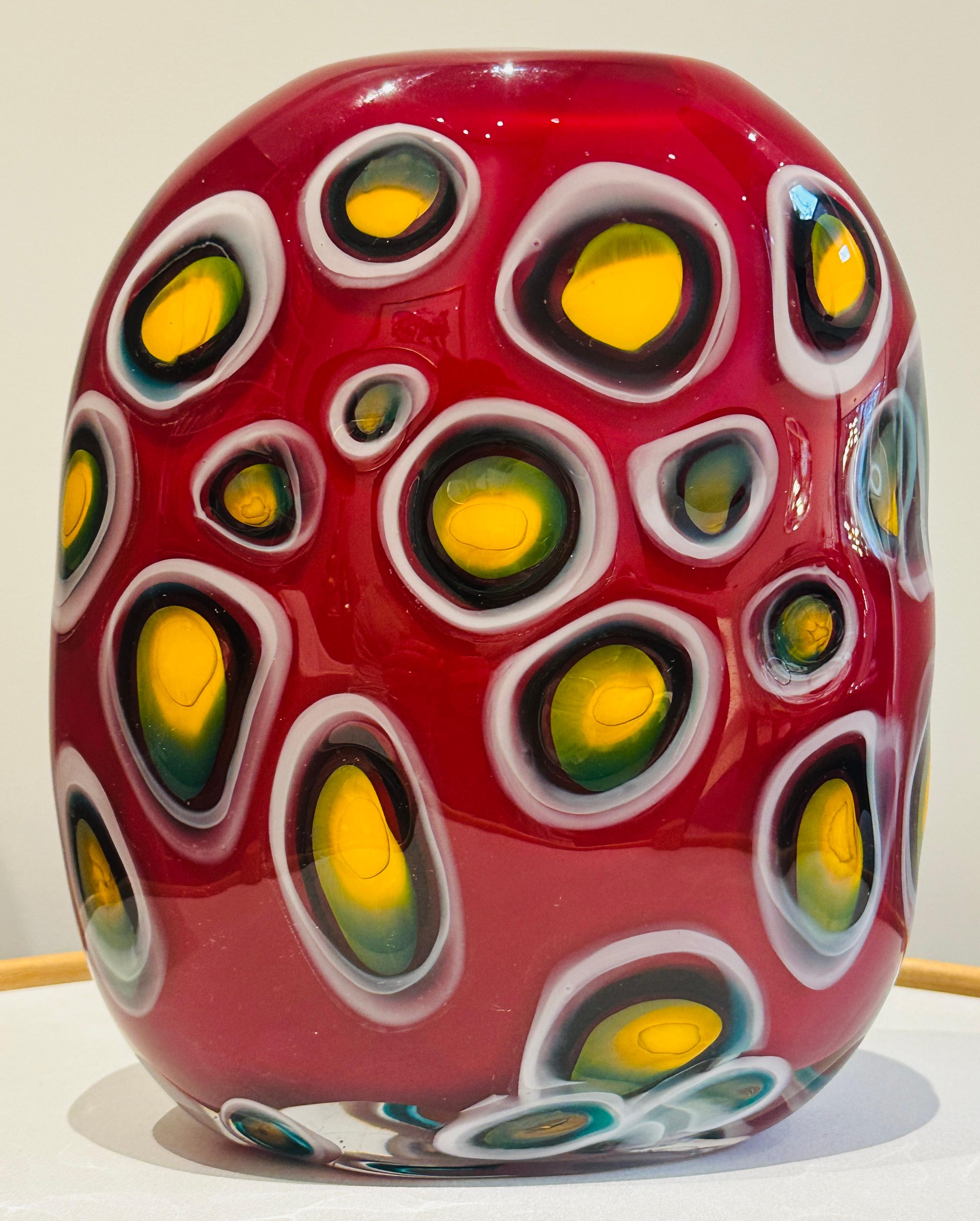 1990s Contemporary Decorative Handblown Colourful Art Glass Red Vase In Good Condition For Sale In London, England