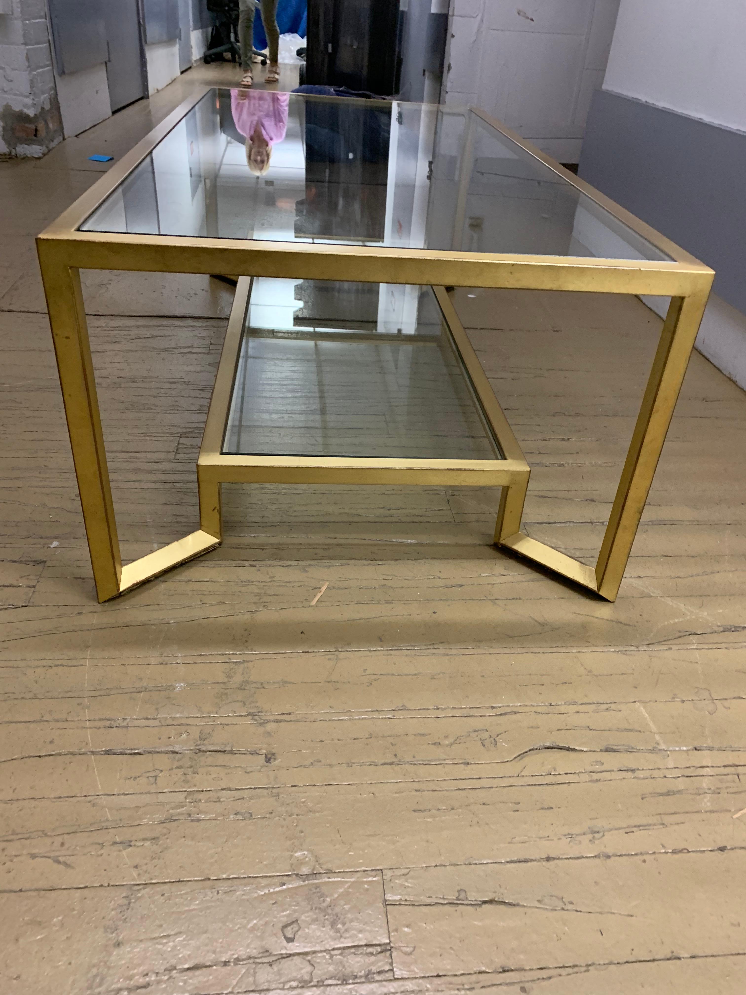 1990s Contemporary Gold and Glass Two-Tier Coffee Table For Sale 2