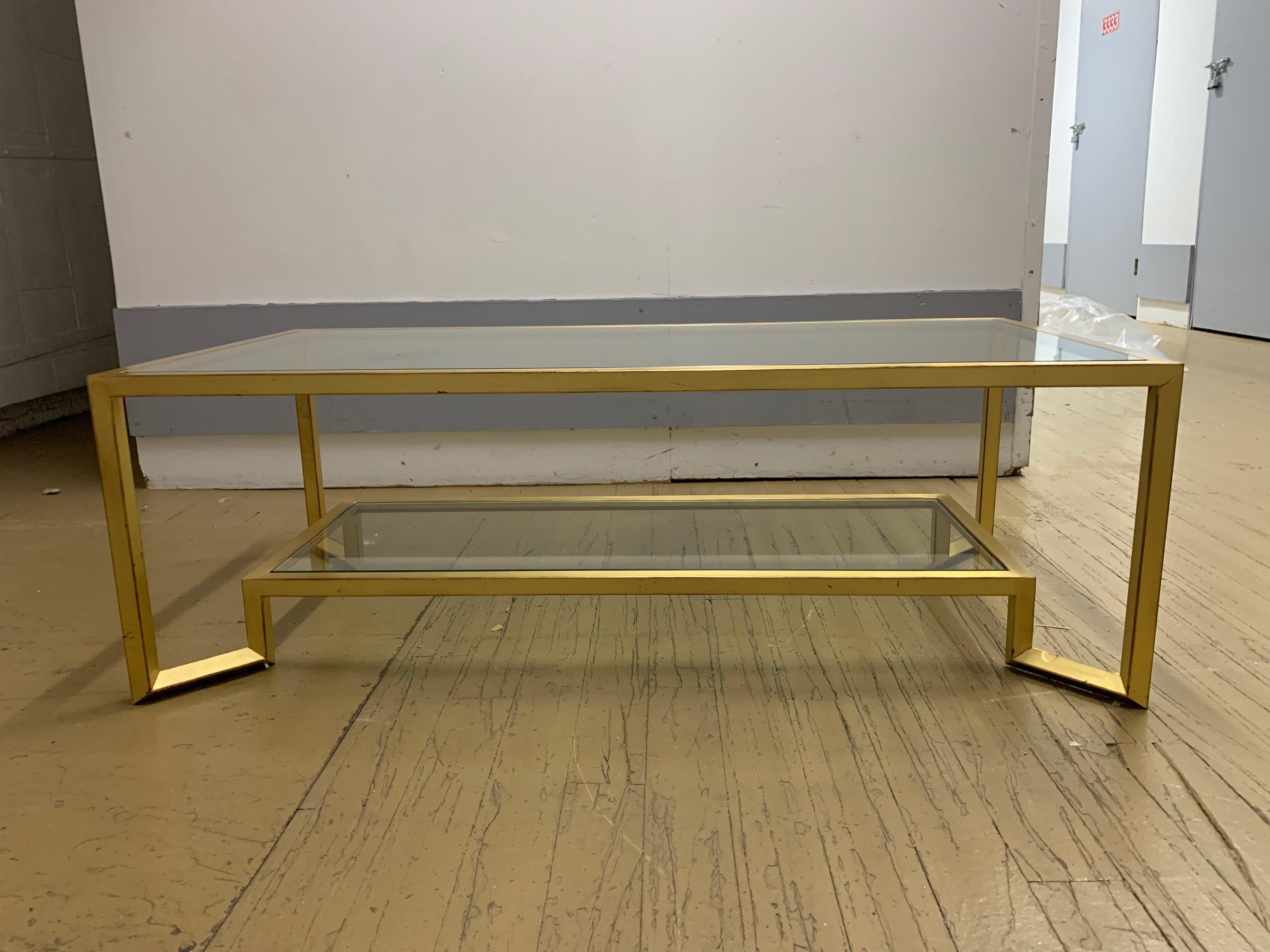 American 1990s Contemporary Gold and Glass Two-Tier Coffee Table For Sale