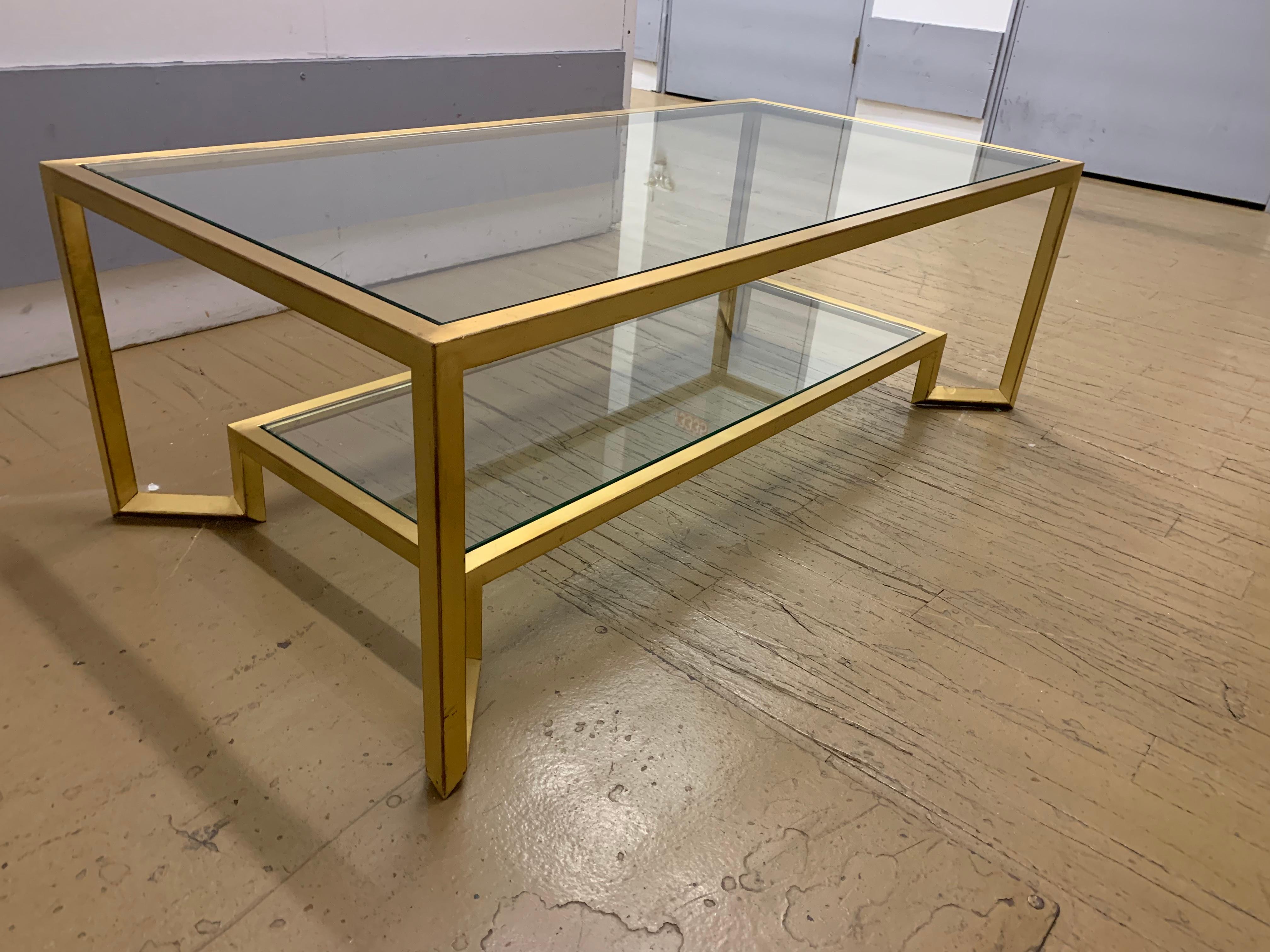 Hand-Crafted 1990s Contemporary Gold and Glass Two-Tier Coffee Table For Sale