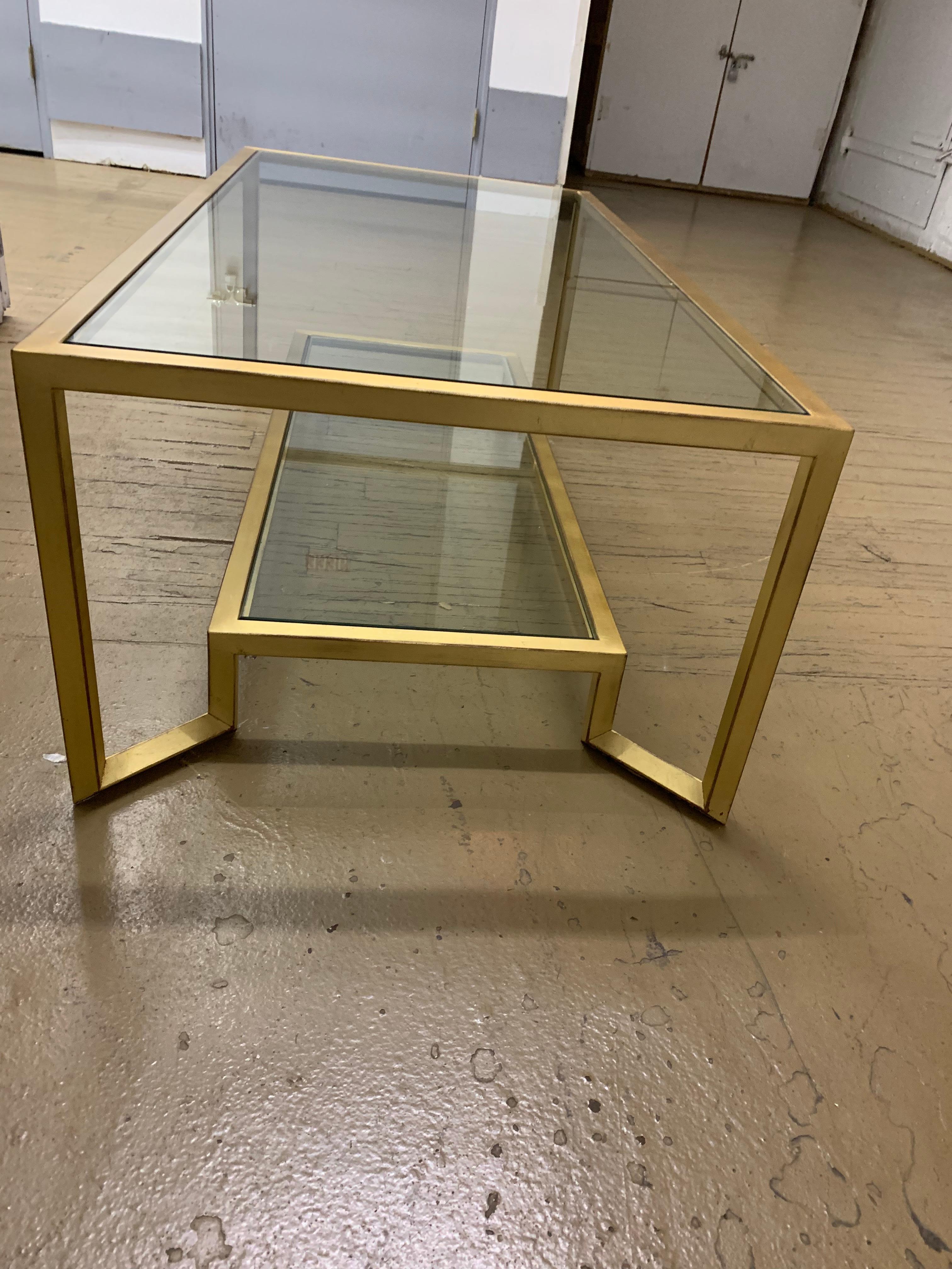 1990s Contemporary Gold and Glass Two-Tier Coffee Table In Good Condition For Sale In Chicago, IL