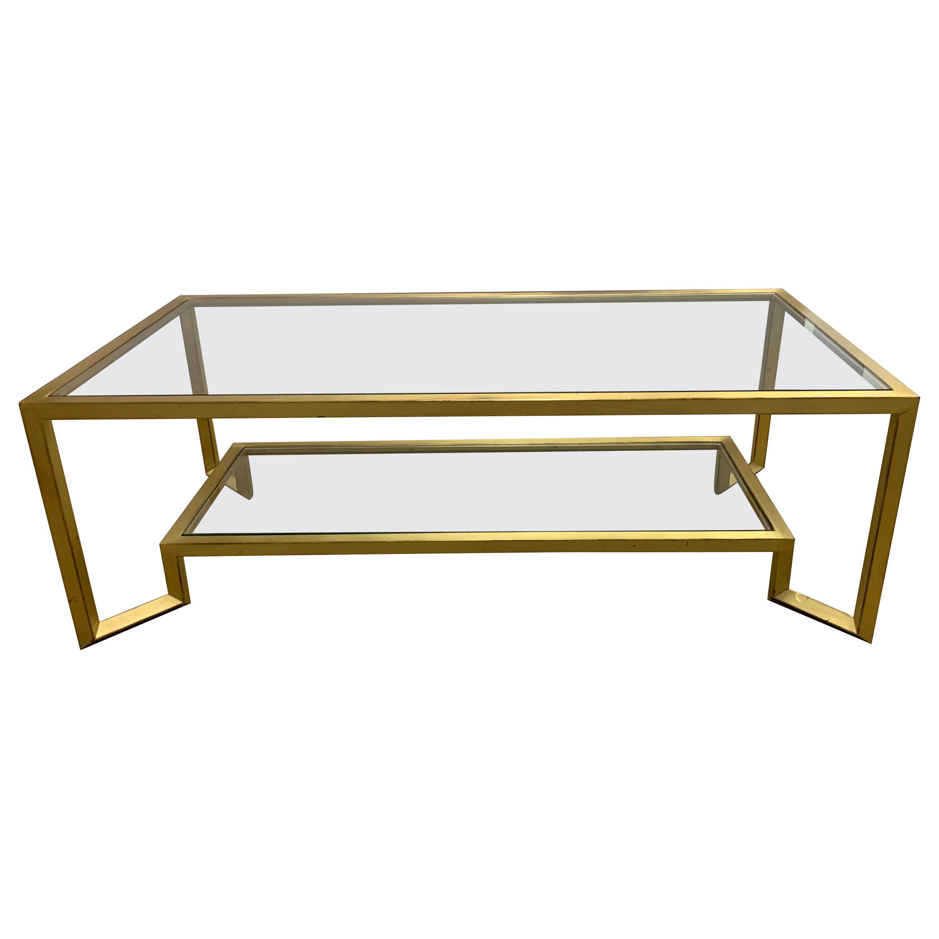1990s Contemporary Gold and Glass Two-Tier Coffee Table For Sale