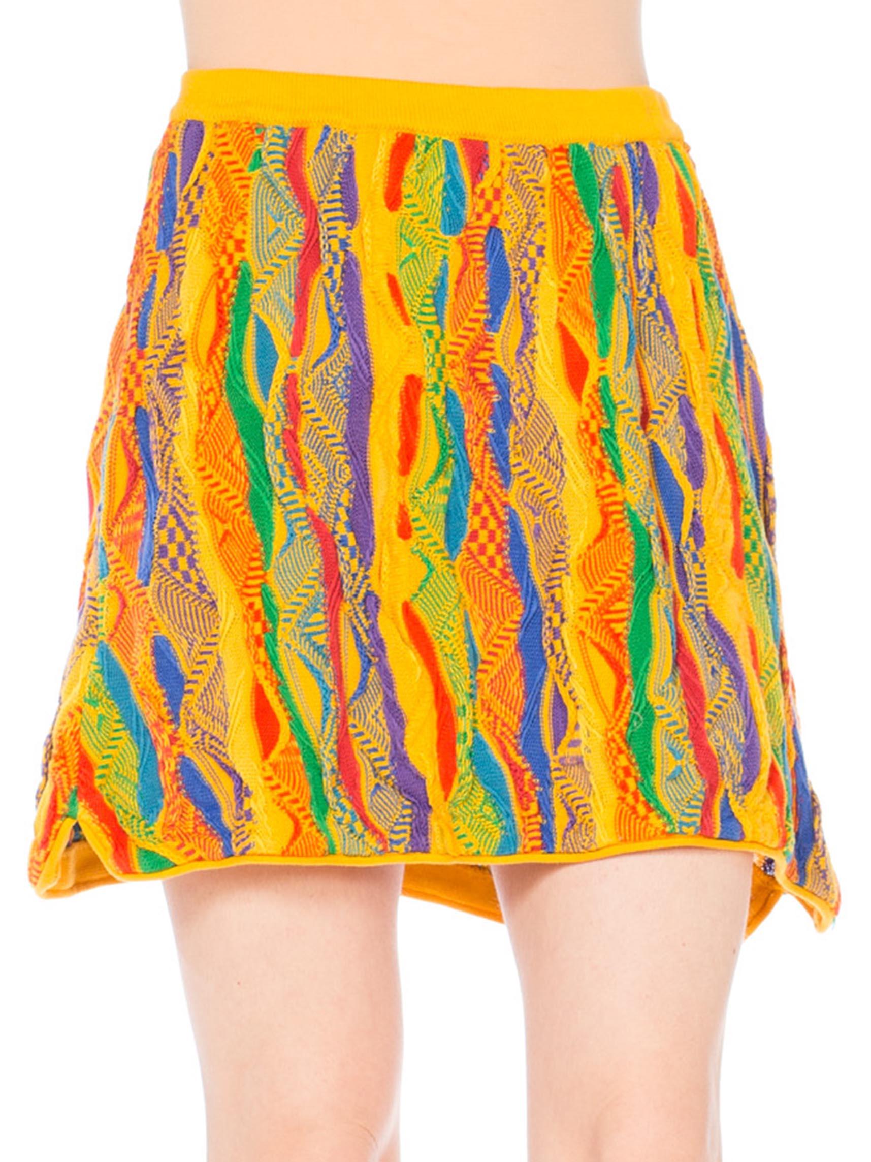 1990S COOGI Multicolor Yellow Knit Elastic Waist Mini Skirt In Excellent Condition In New York, NY