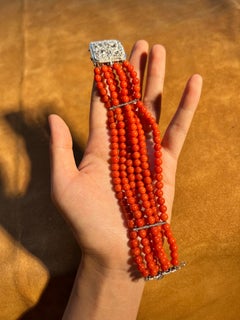 1990s Coral Bead and Diamond Multi-Strand Bracelet in 18K Gold