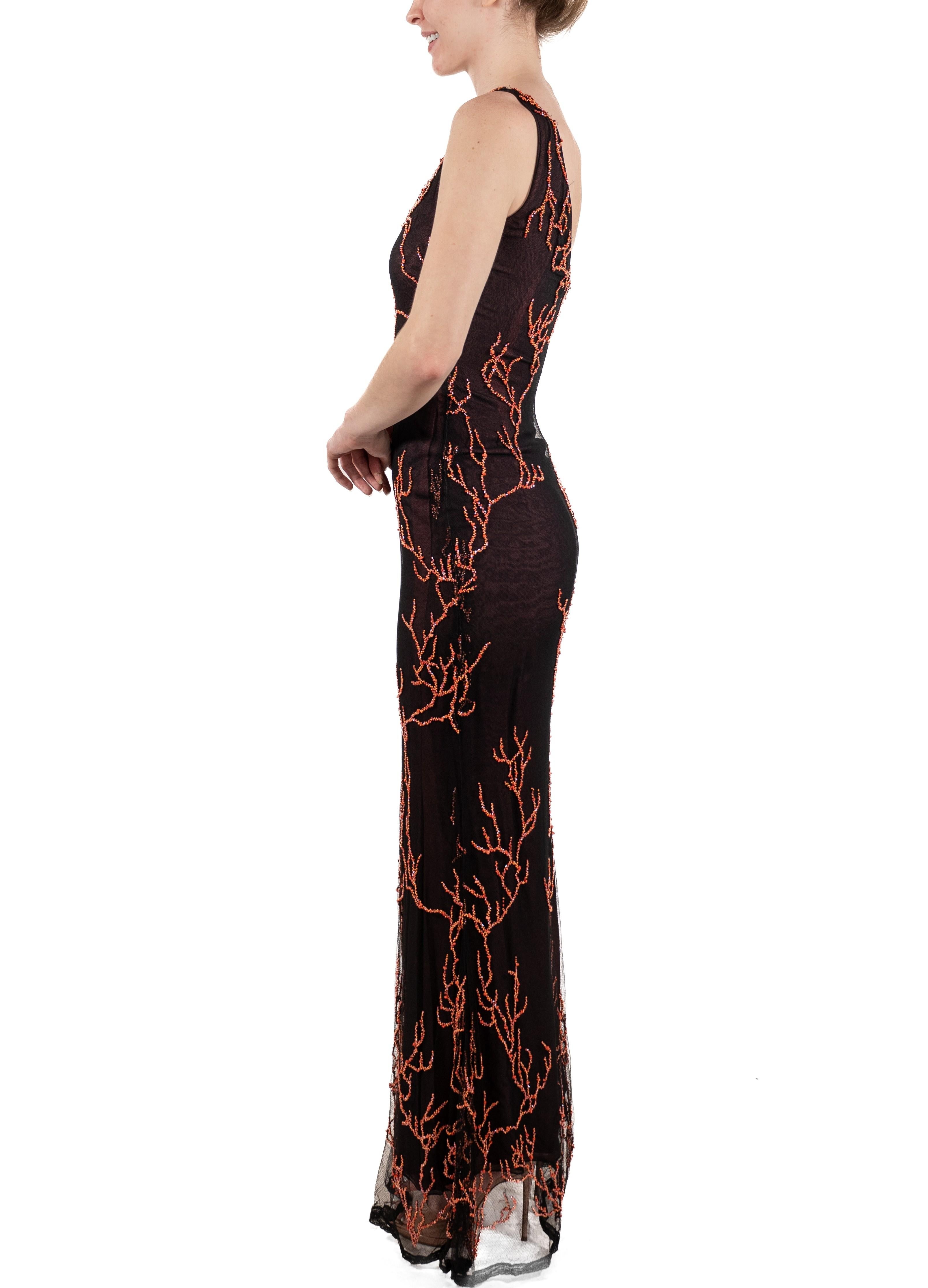 1990S Coral Beaded Black Silk Net One Shoulder Gown In Good Condition In New York, NY