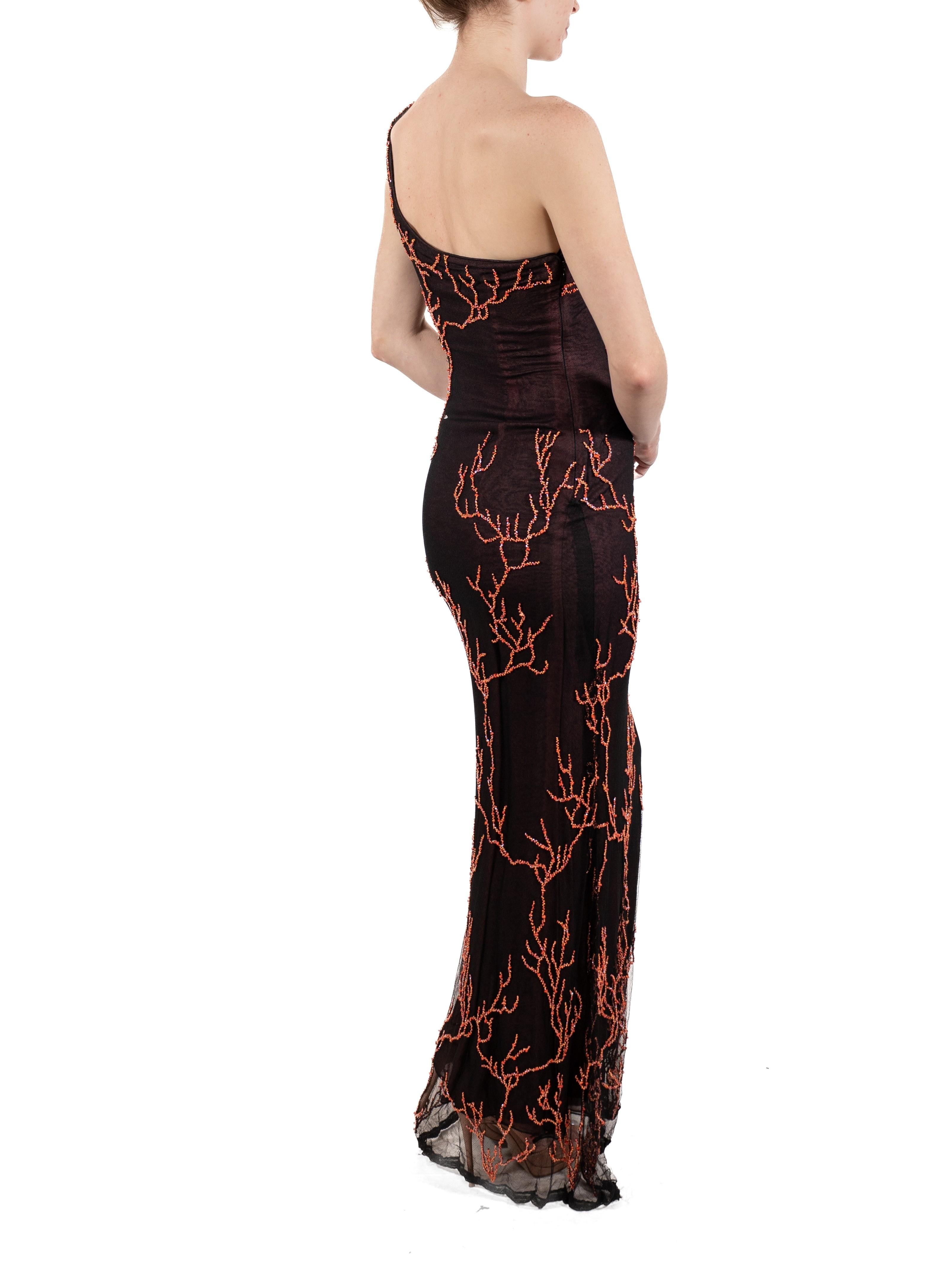 1990S Coral Beaded Black Silk Net One Shoulder Gown 1