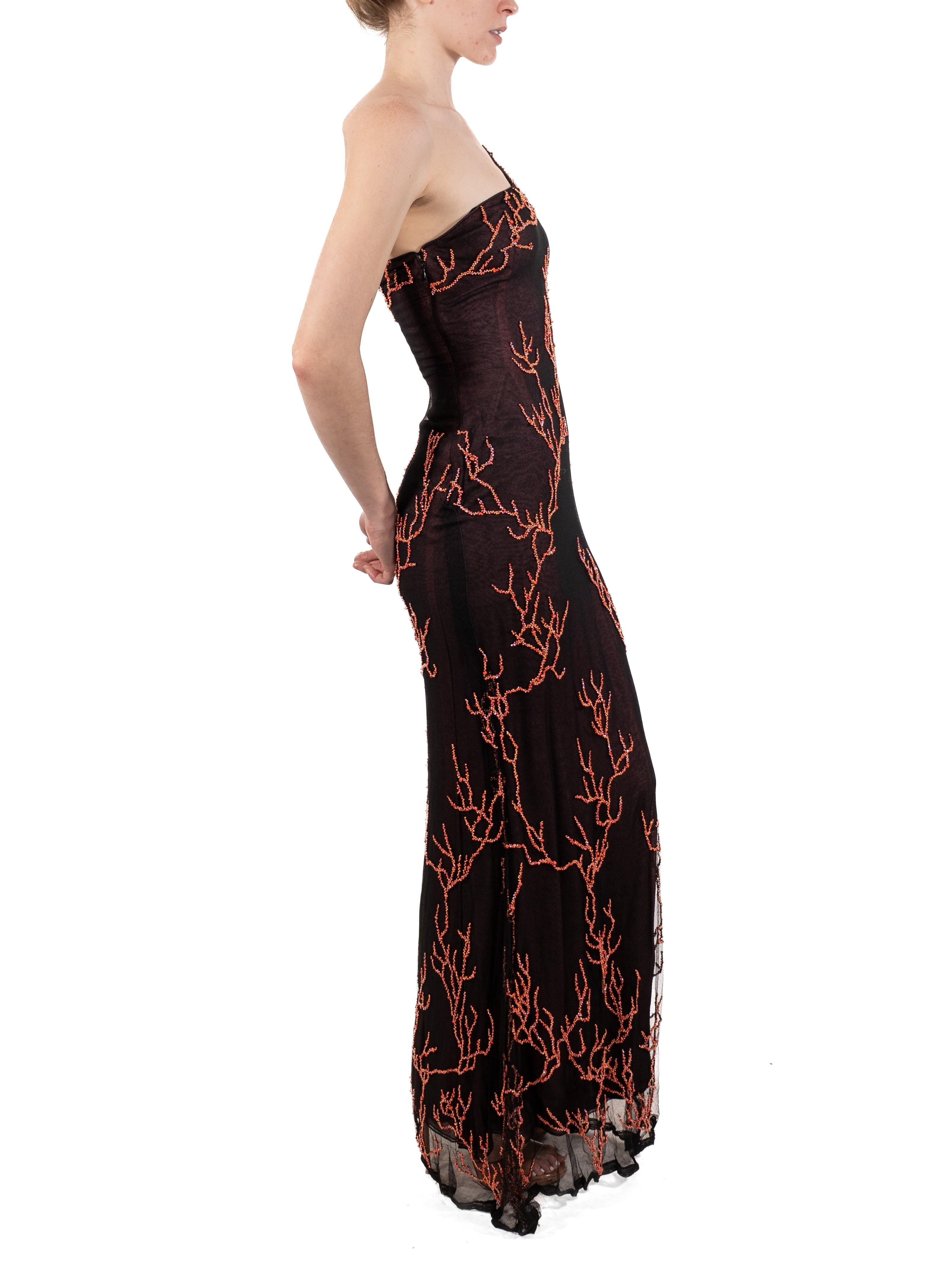 1990S Coral Beaded Black Silk Net One Shoulder Gown 2