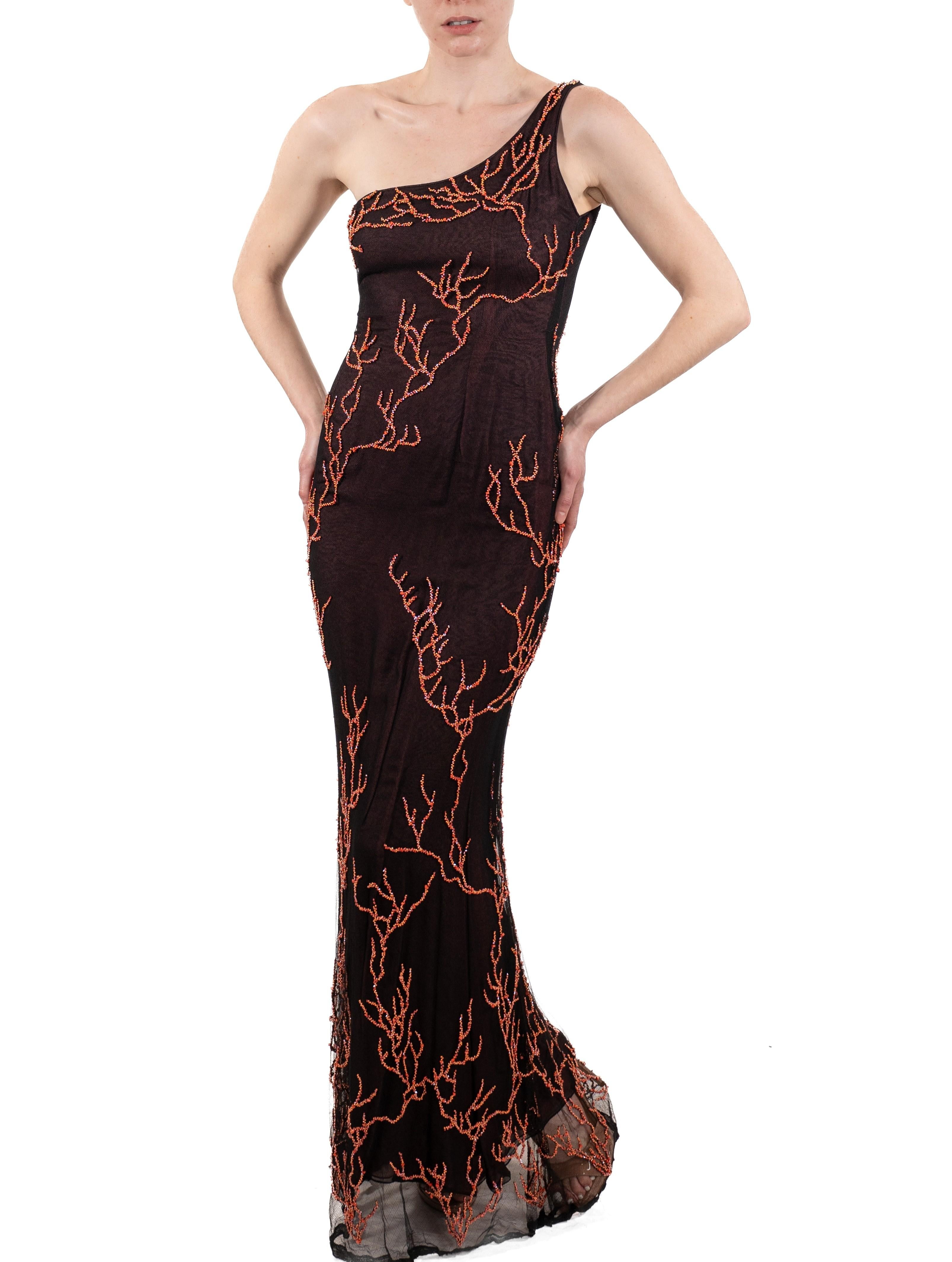 1990S Coral Beaded Black Silk Net One Shoulder Gown 3