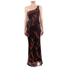 1990S Coral Beaded Black Silk Net One Shoulder Gown