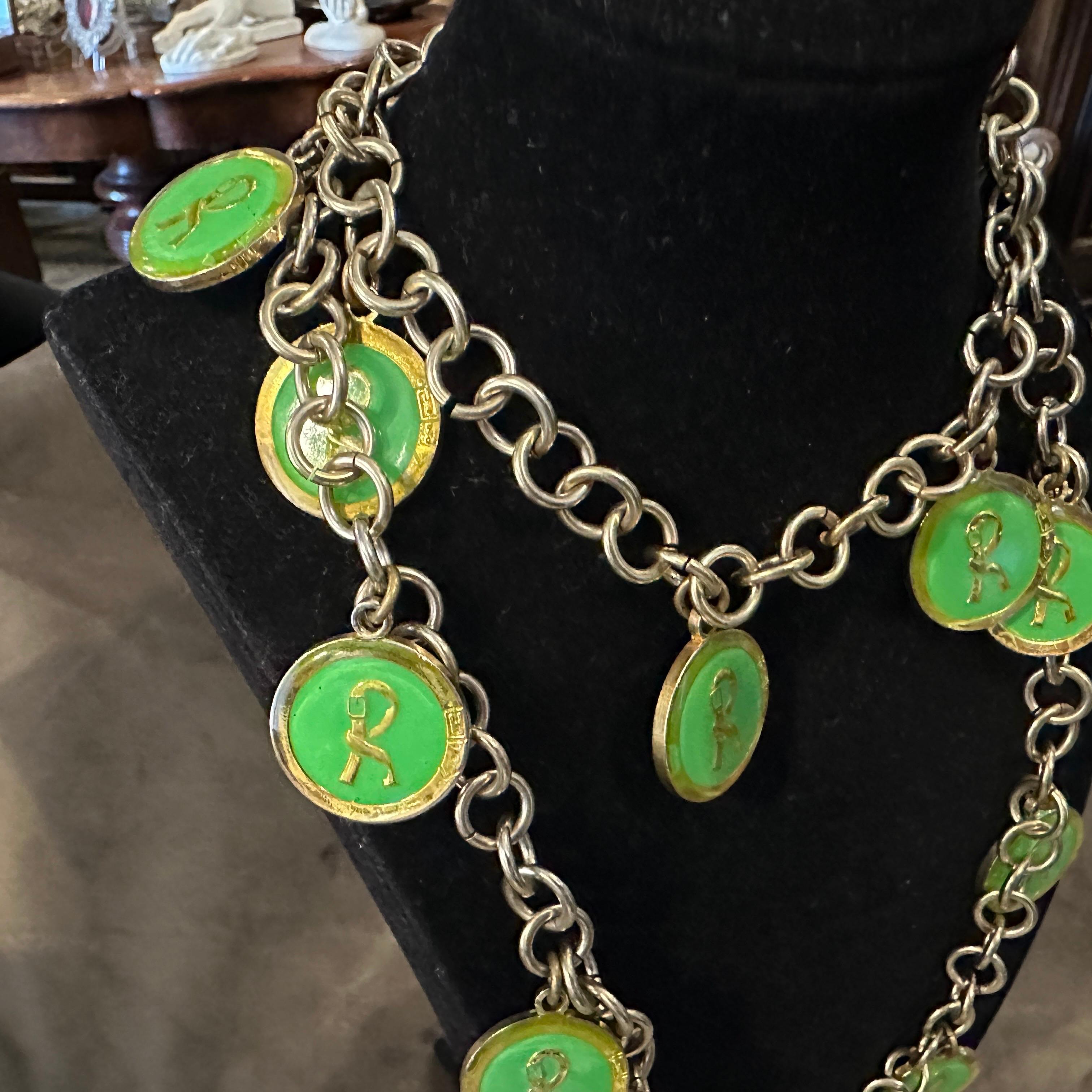 1990s Costume Jewelry Green Logo Chain Necklace by Roberta di Camerino For Sale 5