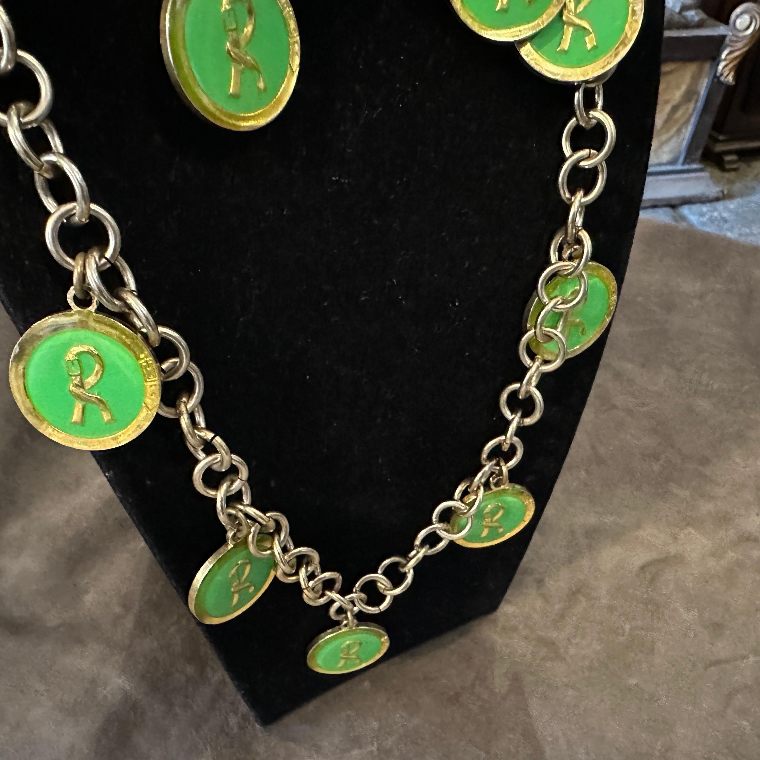 1990s Costume Jewelry Green Logo Chain Necklace by Roberta di Camerino For Sale 6