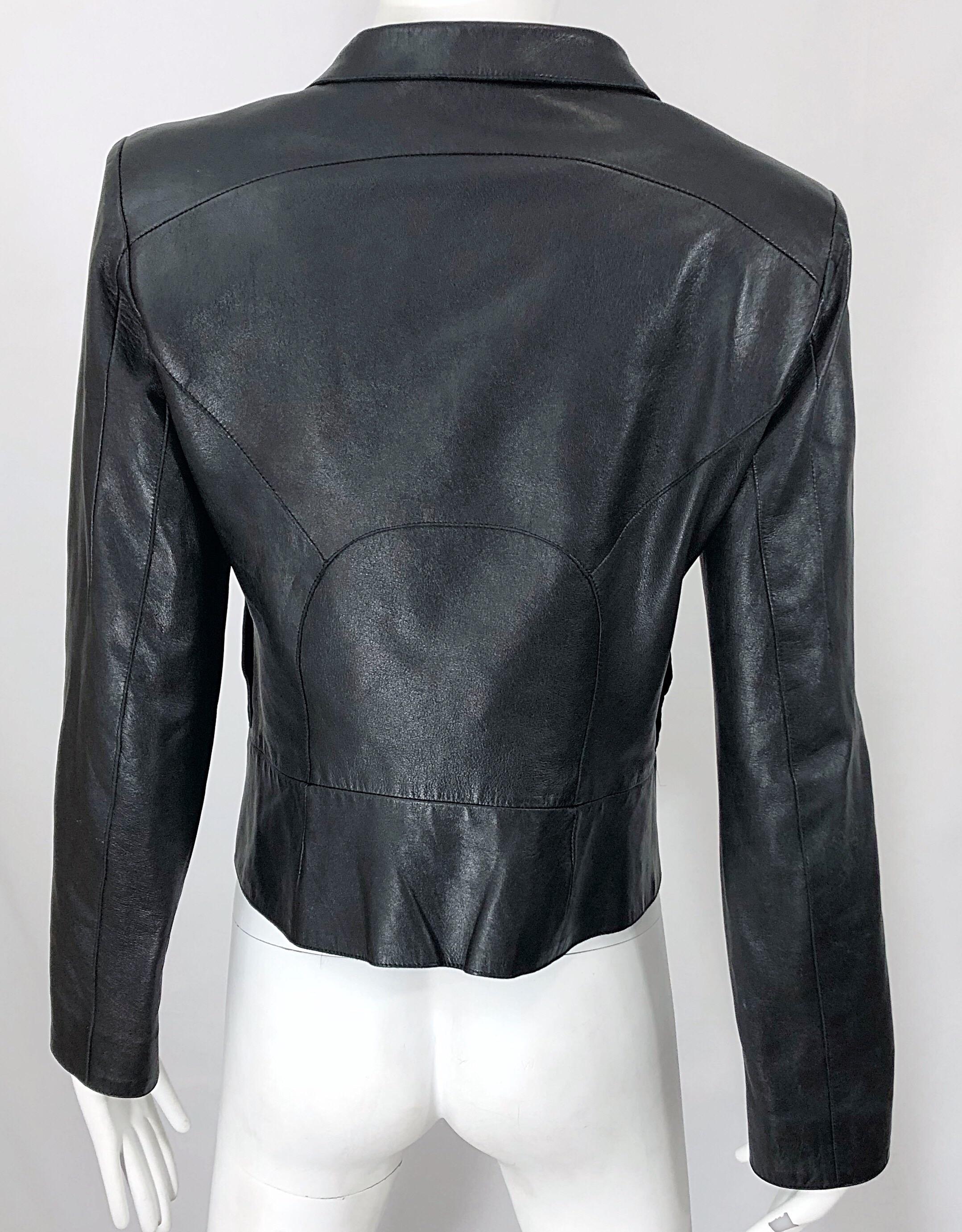 Costume National - Veste vintage style motard en cuir noir avec manches zippées, années 1990 en vente 5