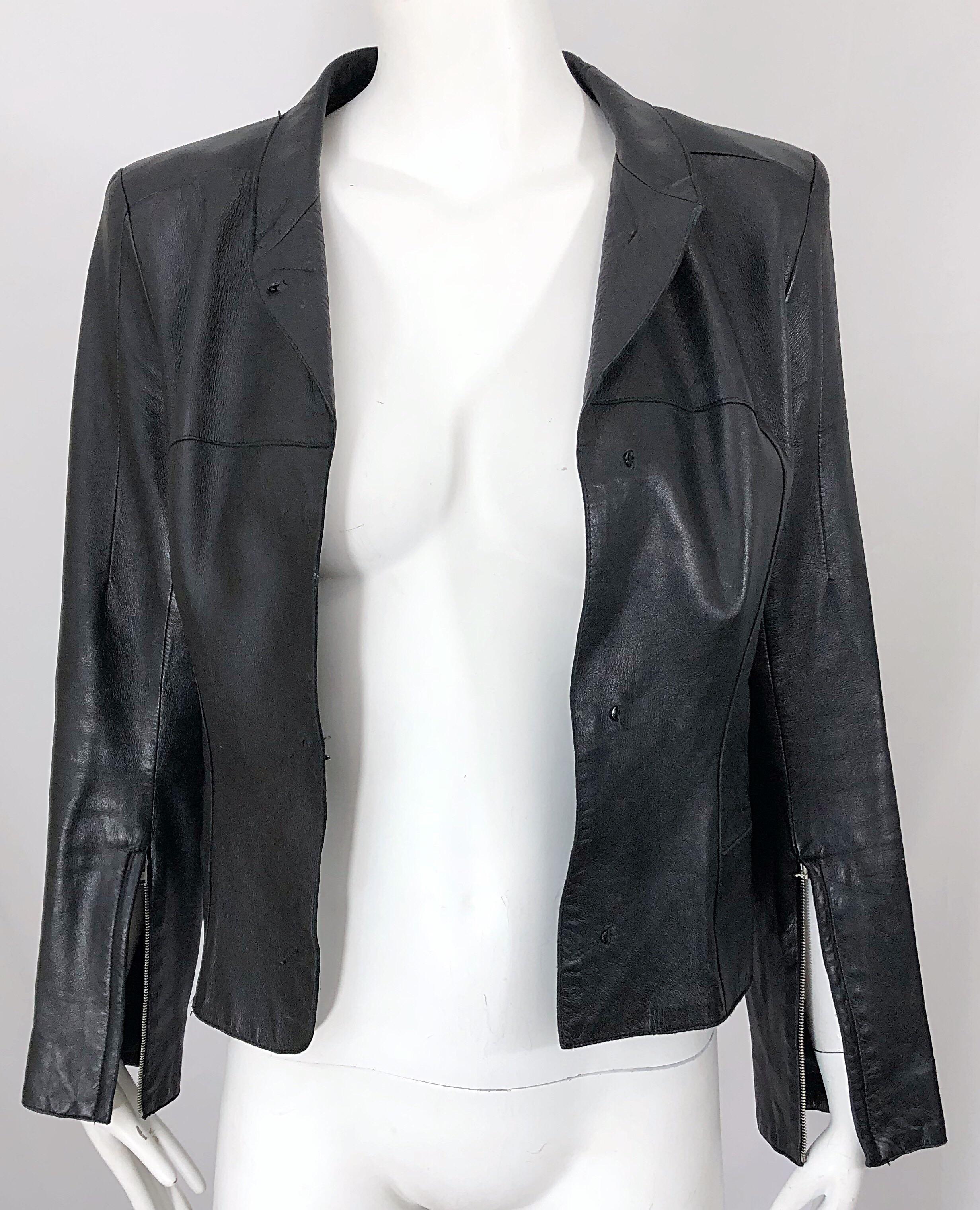 1990s CoSTUME NATIONAL Black Leather Vintage Zipper Sleeves 90s Moto Jacket For Sale 9