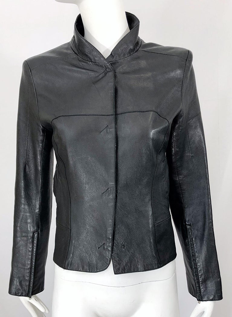 1990s CoSTUME NATIONAL Black Leather Vintage Zipper Sleeves 90s Moto Jacket For Sale 1