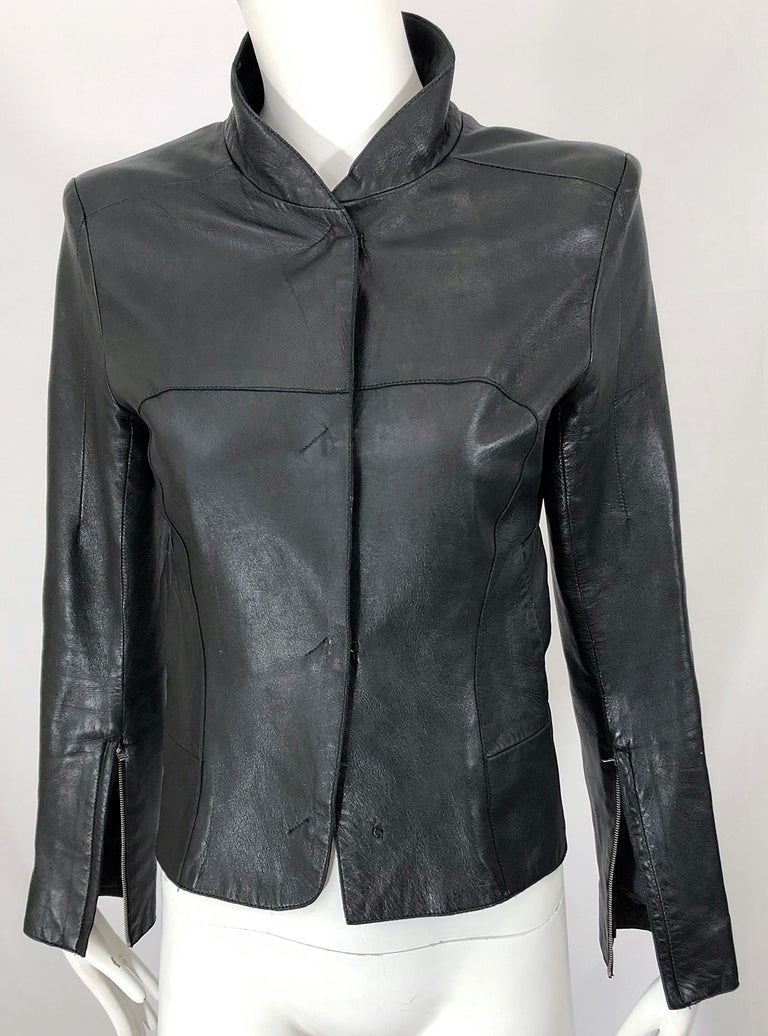 1990s CoSTUME NATIONAL Black Leather Vintage Zipper Sleeves 90s Moto Jacket For Sale 5