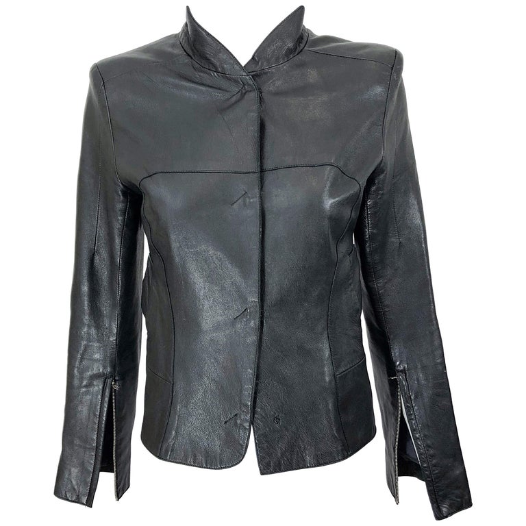 1990s CoSTUME NATIONAL Black Leather Vintage Zipper Sleeves 90s Moto Jacket For Sale