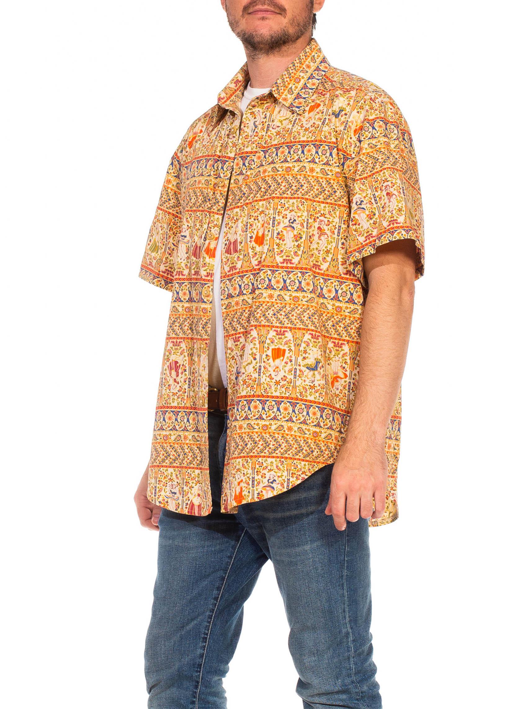 Orange 1990S Cotton Men's Tropical Pin-Up Girl Shirt For Sale