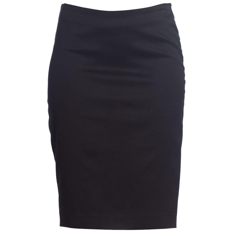 1990S Cotton Twill Sleek Black Pencil Skirt With High Zipper Slit at ...
