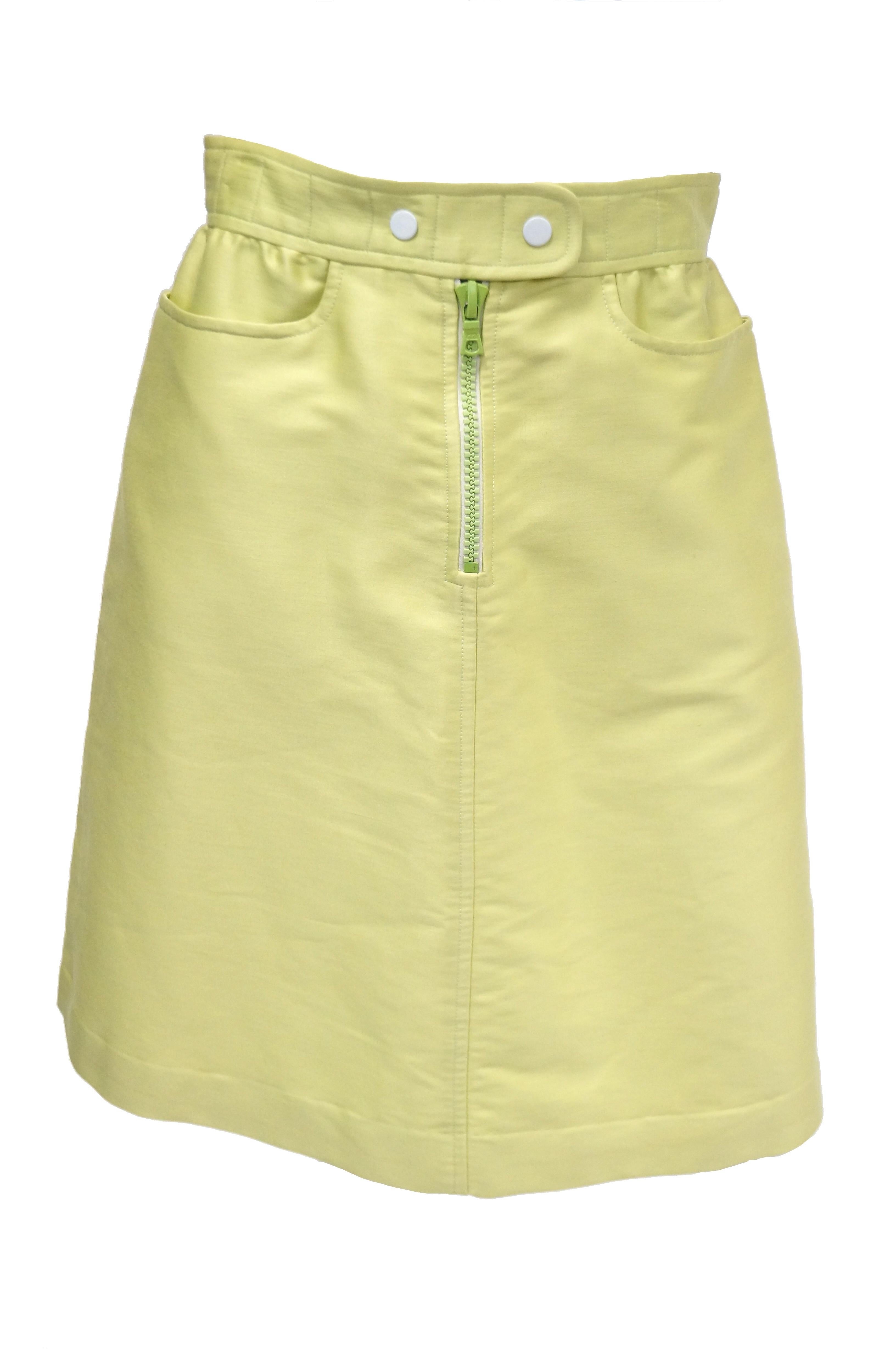 1990s Courreges Green Mod Mini Skirt with White Accent Zipper 2