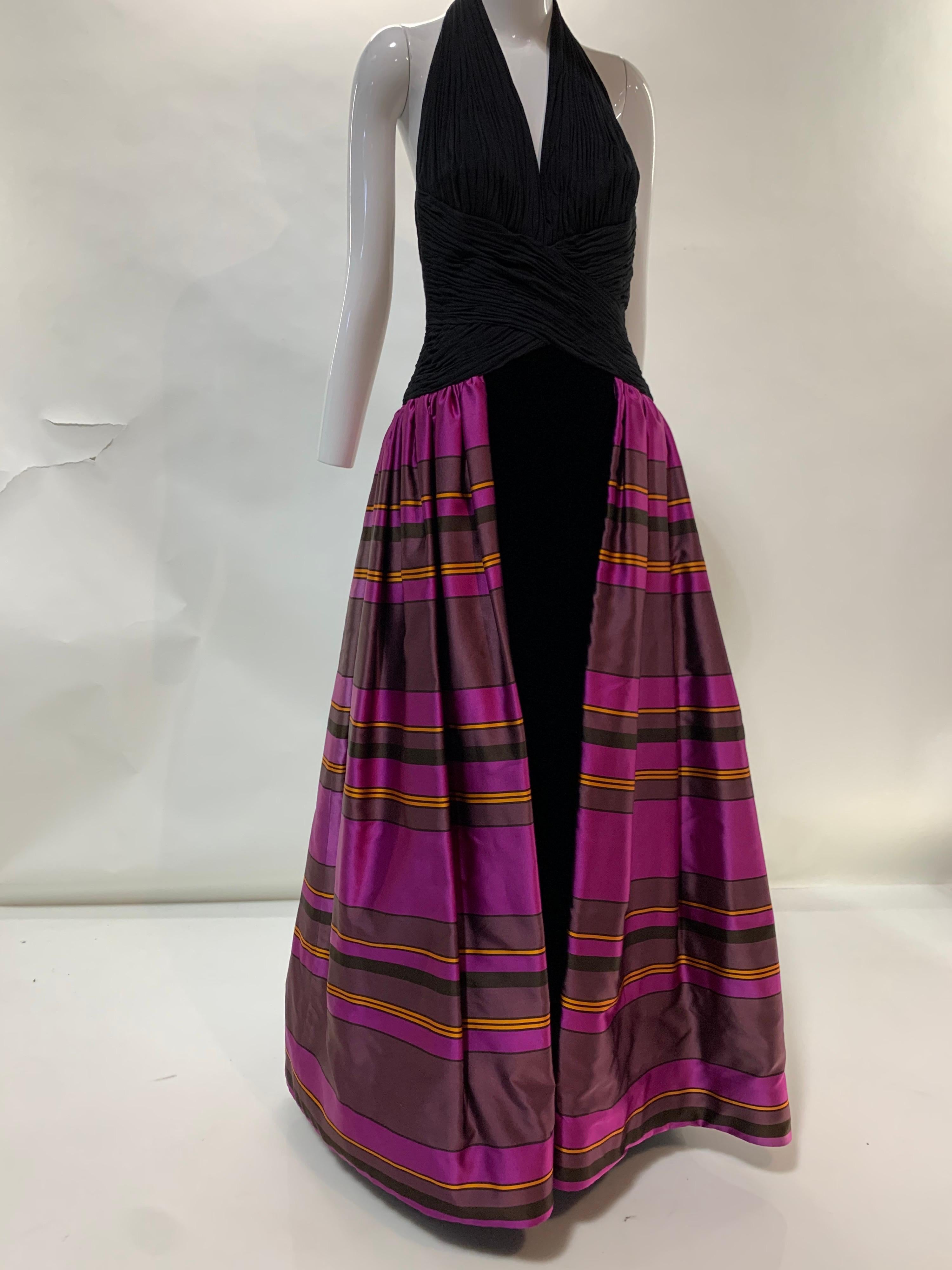 1990s Couture Black Jersey Halter Gown w/ Velvet & Vivid Fuchsia Silk Skirt  For Sale 11