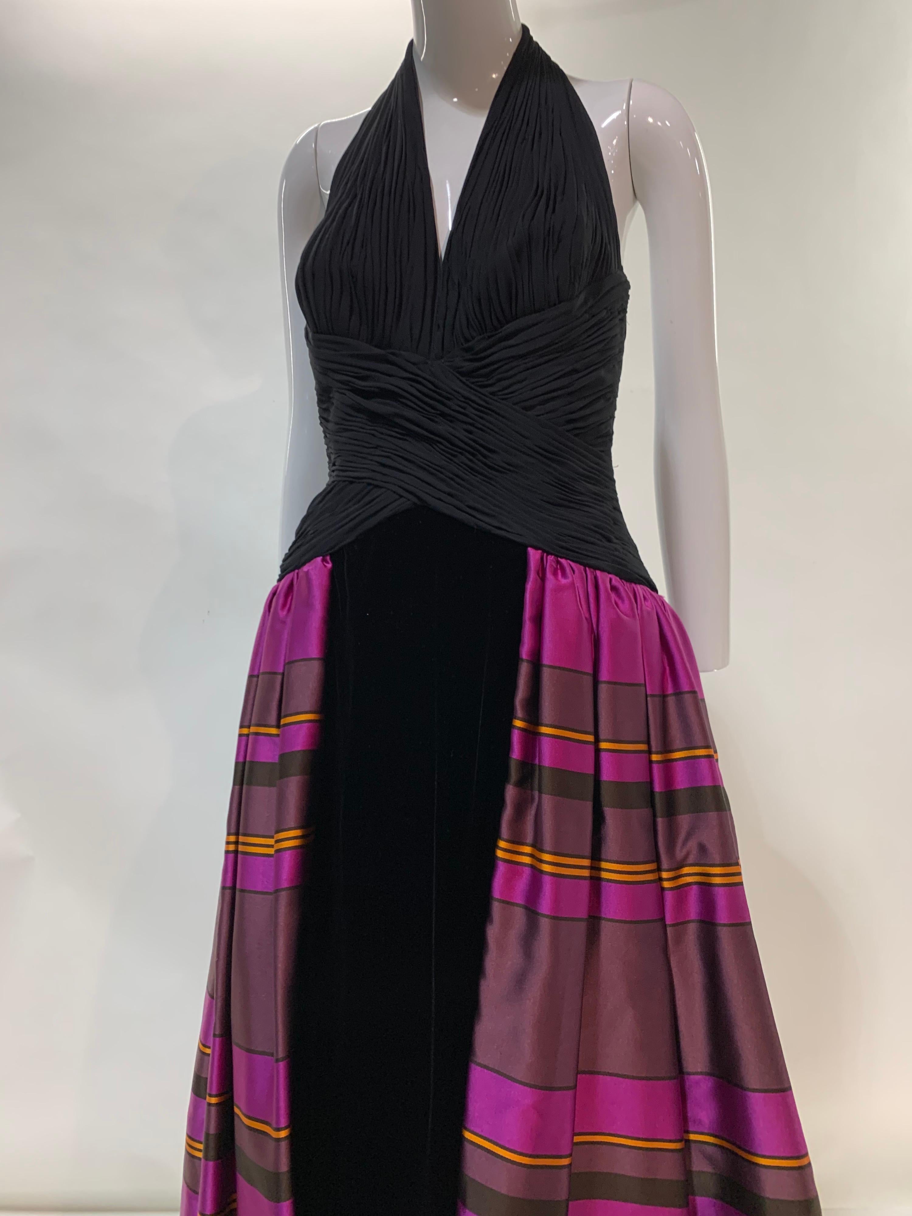 1990s Couture Black Jersey Halter Gown w/ Velvet & Vivid Fuchsia Silk Skirt  In Excellent Condition For Sale In Gresham, OR
