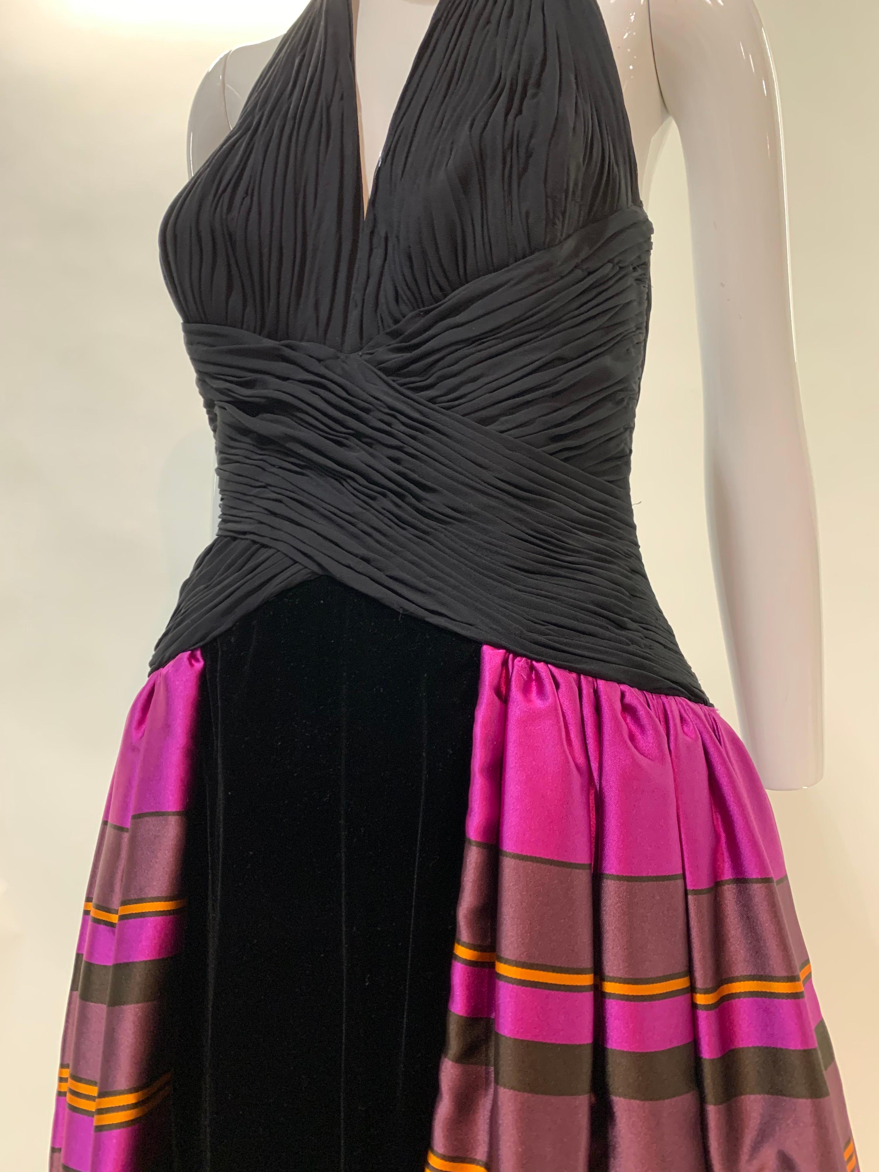 Women's 1990s Couture Black Jersey Halter Gown w/ Velvet & Vivid Fuchsia Silk Skirt  For Sale