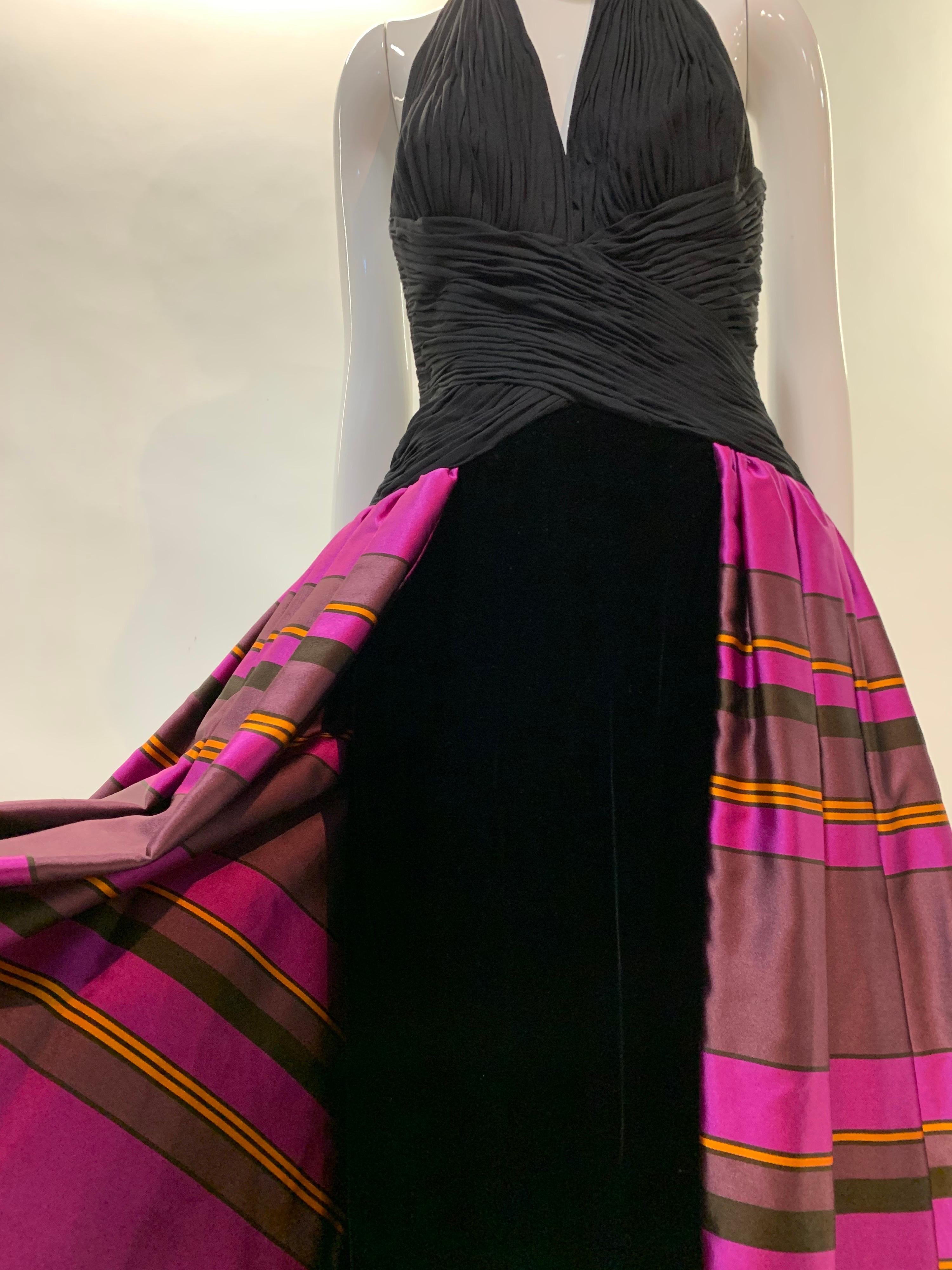 1990s Couture Black Jersey Halter Gown w/ Velvet & Vivid Fuchsia Silk Skirt  For Sale 2