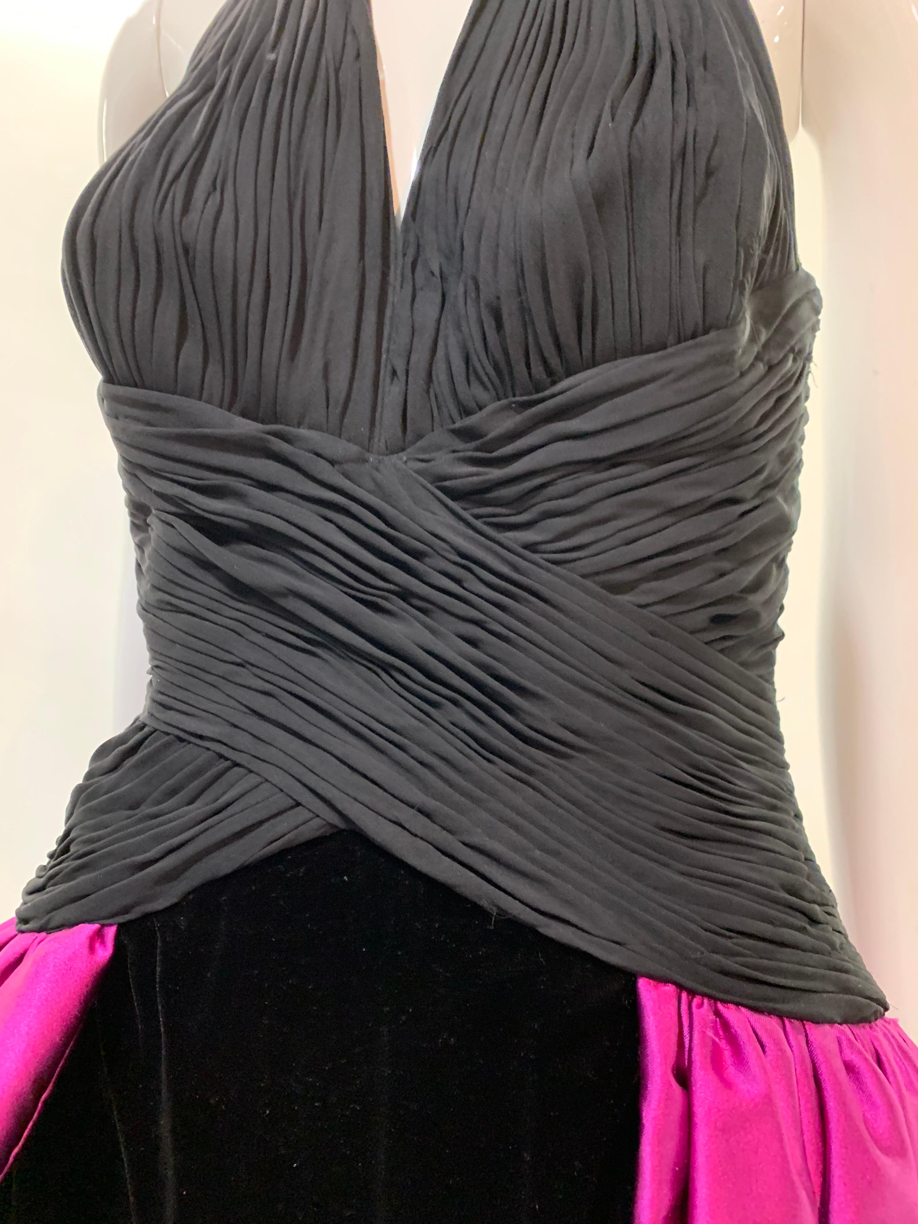 1990s Couture Black Jersey Halter Gown w/ Velvet & Vivid Fuchsia Silk Skirt  For Sale 3