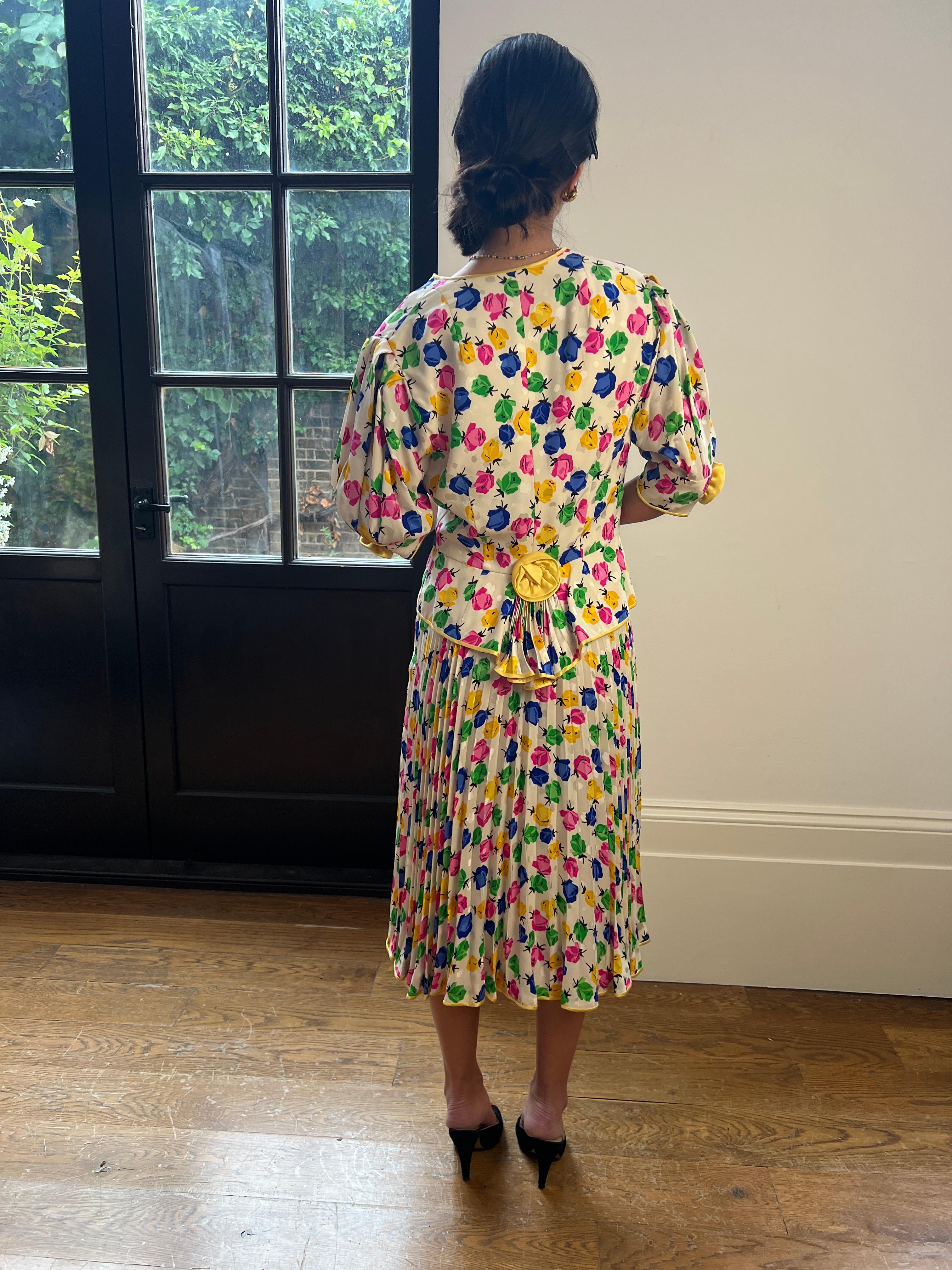 1990s Couture Silk Floral Rose Print Dress and Jacket Suit For Sale 5