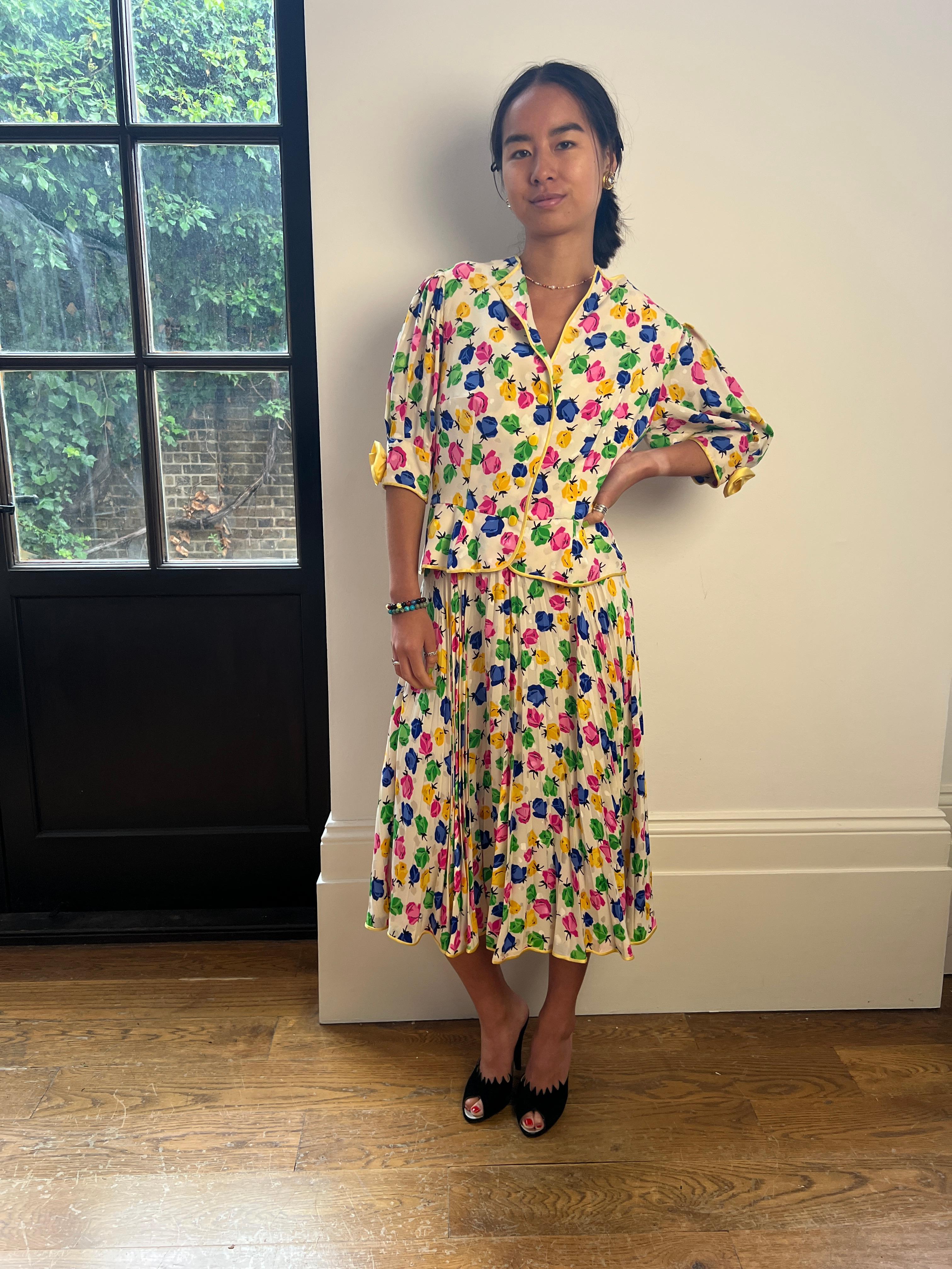 1990s Couture Silk Floral Rose Print Dress and Jacket Suit For Sale 4