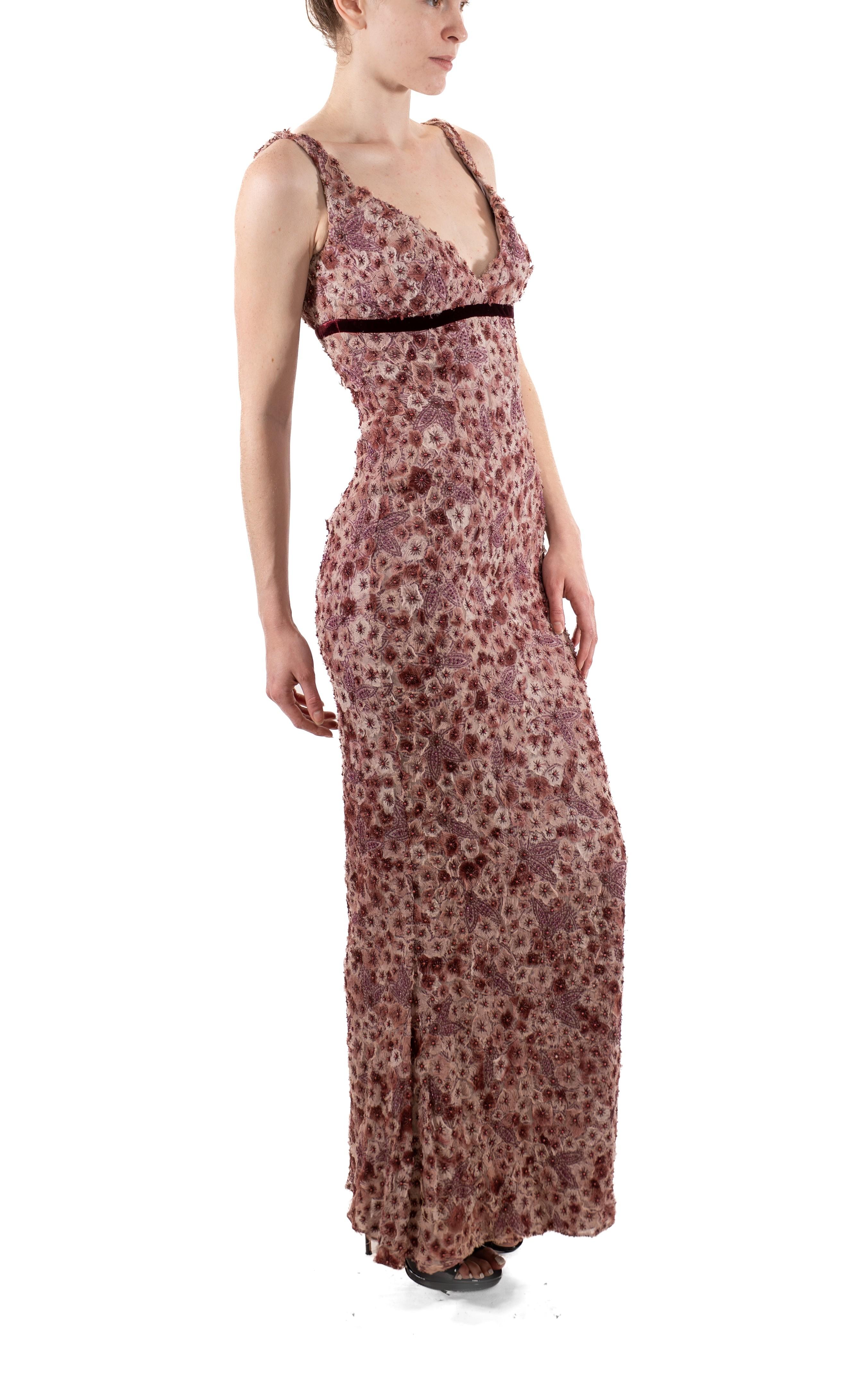 Brown 1990S Cranberry & Ecru Shredded Silk Chiffon Beaded Floral Empire Waist Gown For Sale