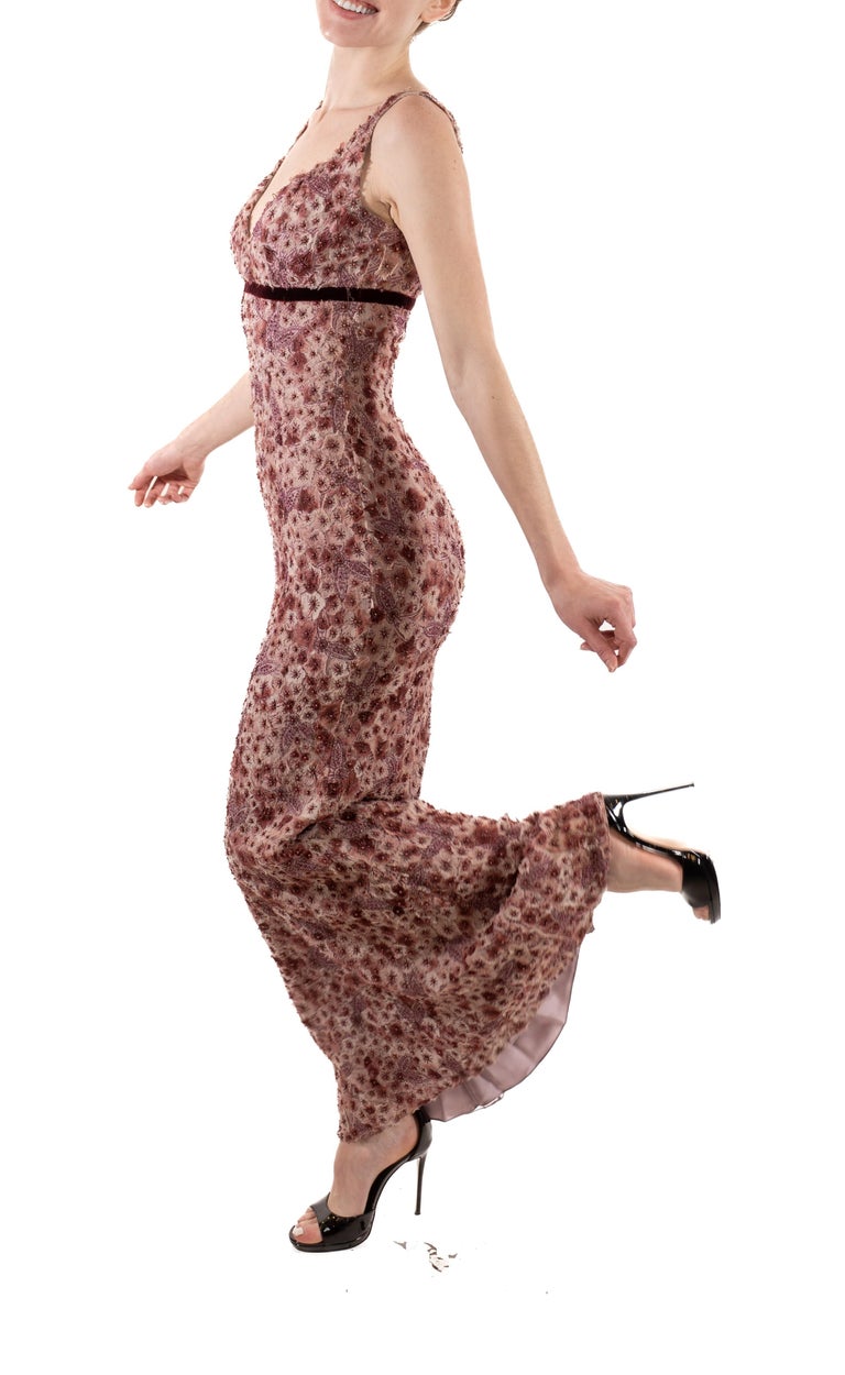 1990s Cranberry & Ecru Shredded Silk Chiffon Beaded Floral Empire Waist Gown 1990s Cranberry & Ecru Shredded Silk Chiffon Beaded Floral Empire Waist Gown