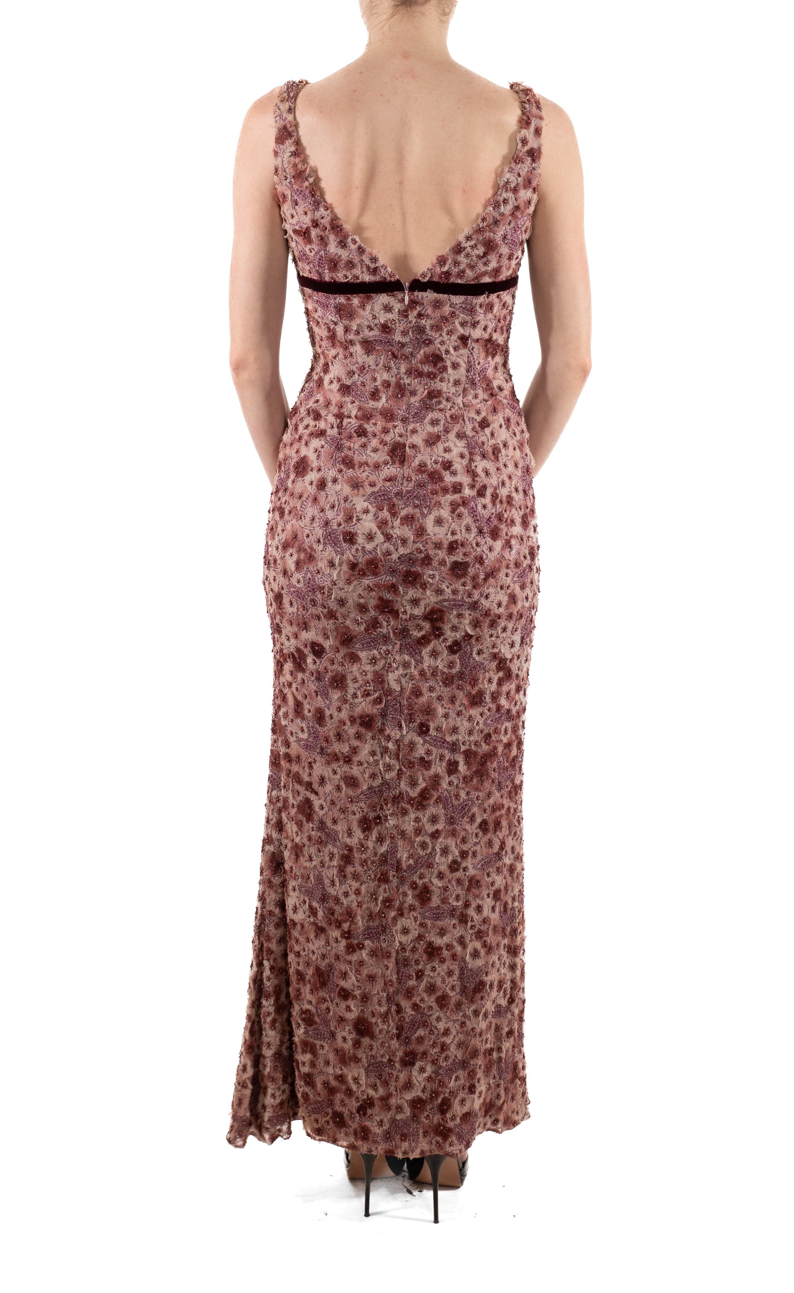1990S Cranberry & Ecru Shredded Silk Chiffon Beaded Floral Empire Waist Gown For Sale 2