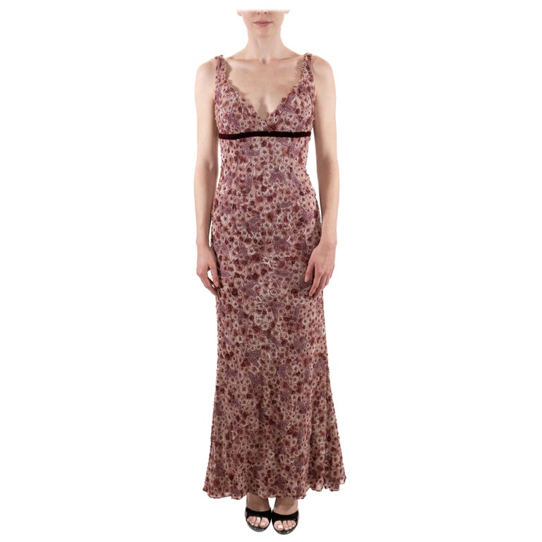 1990s Cranberry & Ecru Shredded Silk Chiffon Beaded Floral Empire Waist Gown 1990s Cranberry & Ecru Shredded Silk Chiffon Beaded Floral Empire Waist Gown