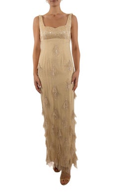 1990S Cream Beaded Silk & Lace Empire Waist Tassel Gown