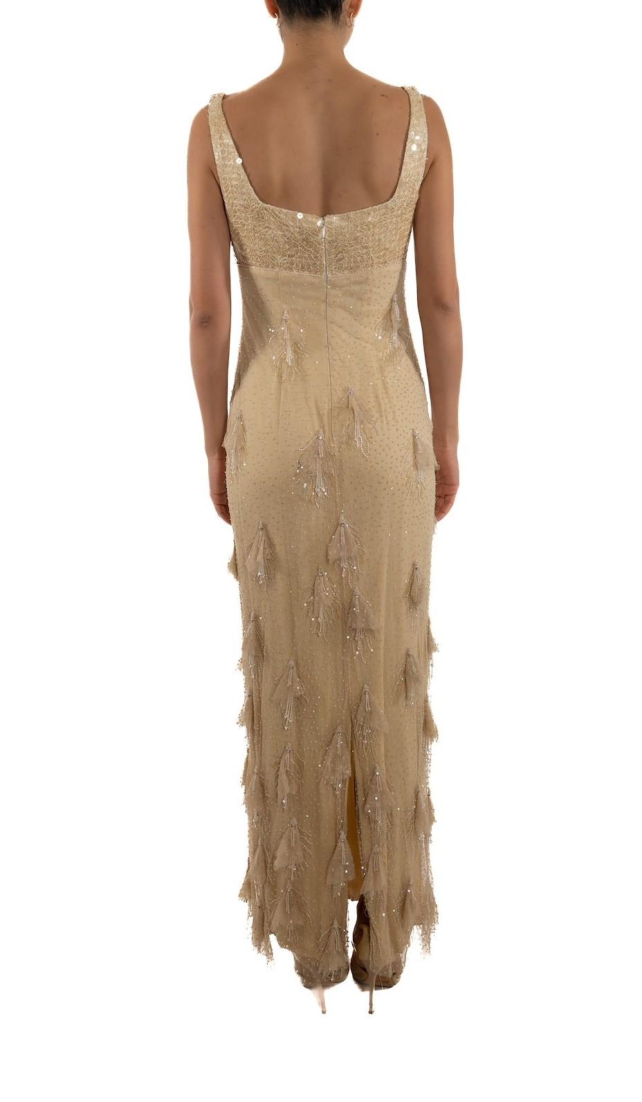 1990S - Robe à pompon taille empire en soie et dentelle perlée crème Pour femmes en vente