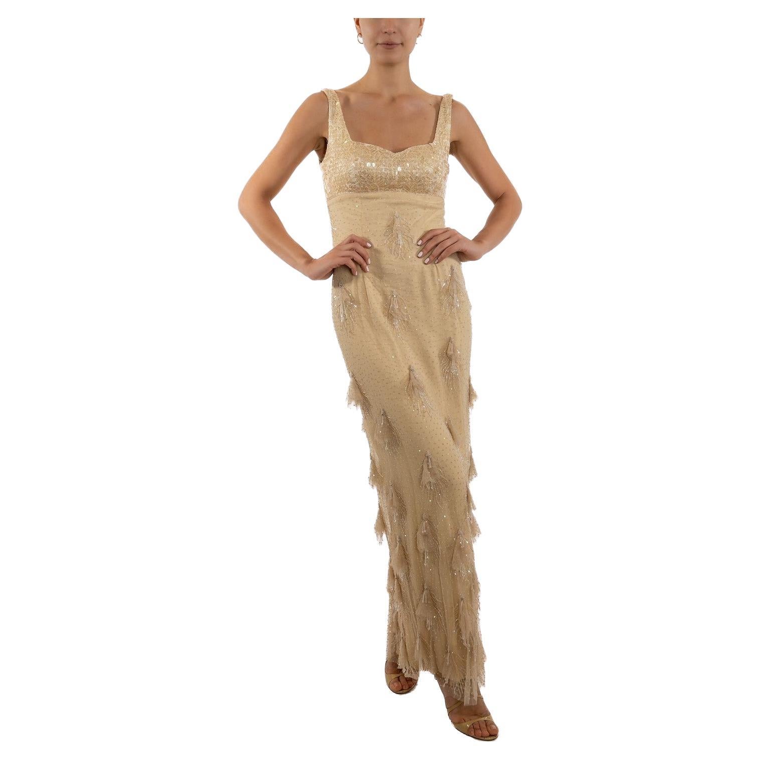 1990S - Robe à pompon taille empire en soie et dentelle perlée crème en vente