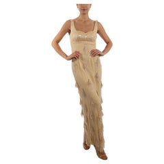 1990S - Robe à pompon taille empire en soie et dentelle perlée crème