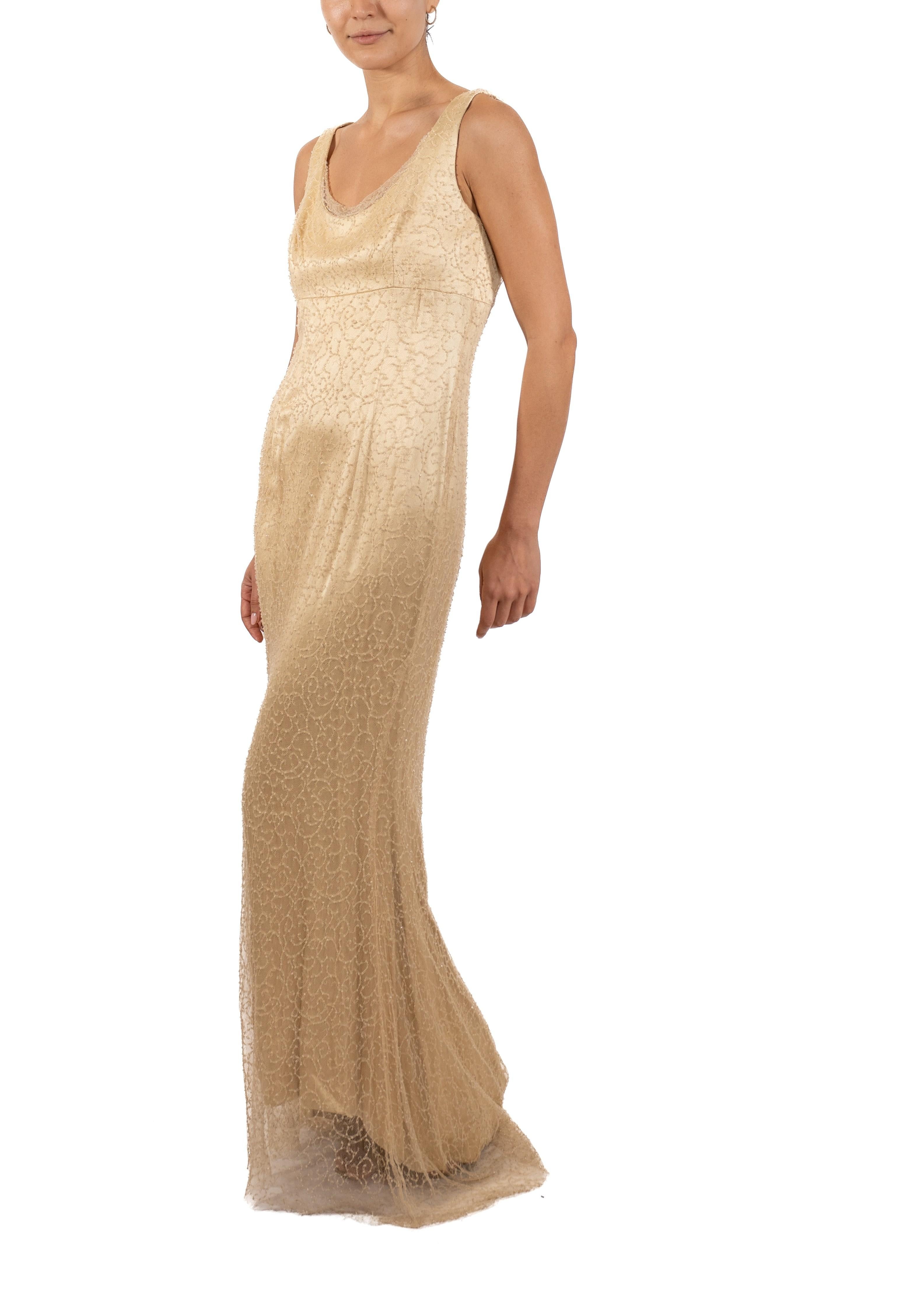Brown 1990S Cream Beaded Silk & Lace Minimalist Empire Waist Gown For Sale